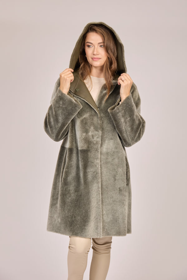 SHEARLING COAT WITH HOOD-DARK OLIVE