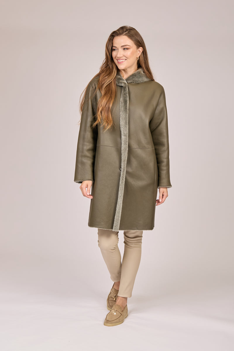 SHEARLING COAT WITH HOOD-DARK OLIVE