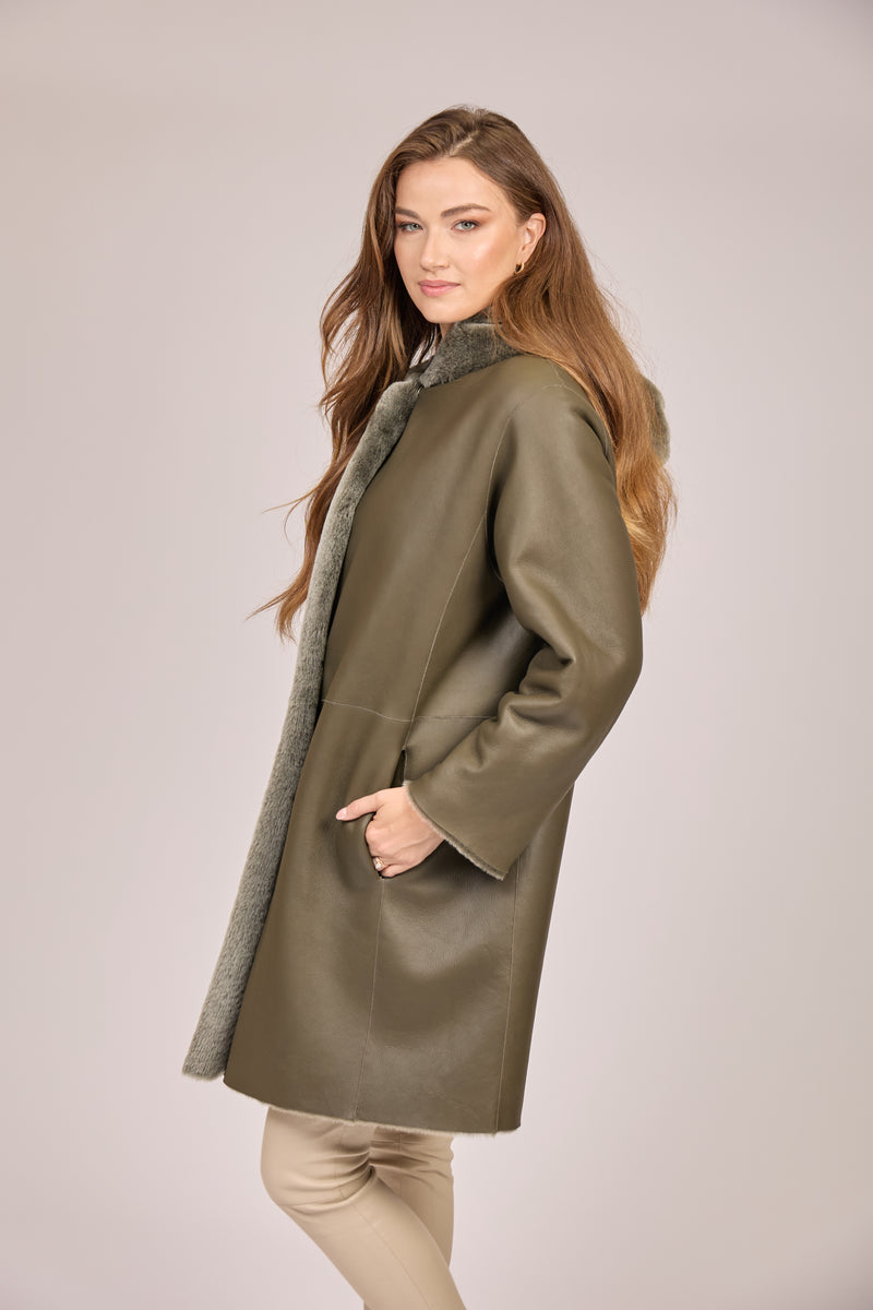 SHEARLING COAT WITH HOOD-DARK OLIVE