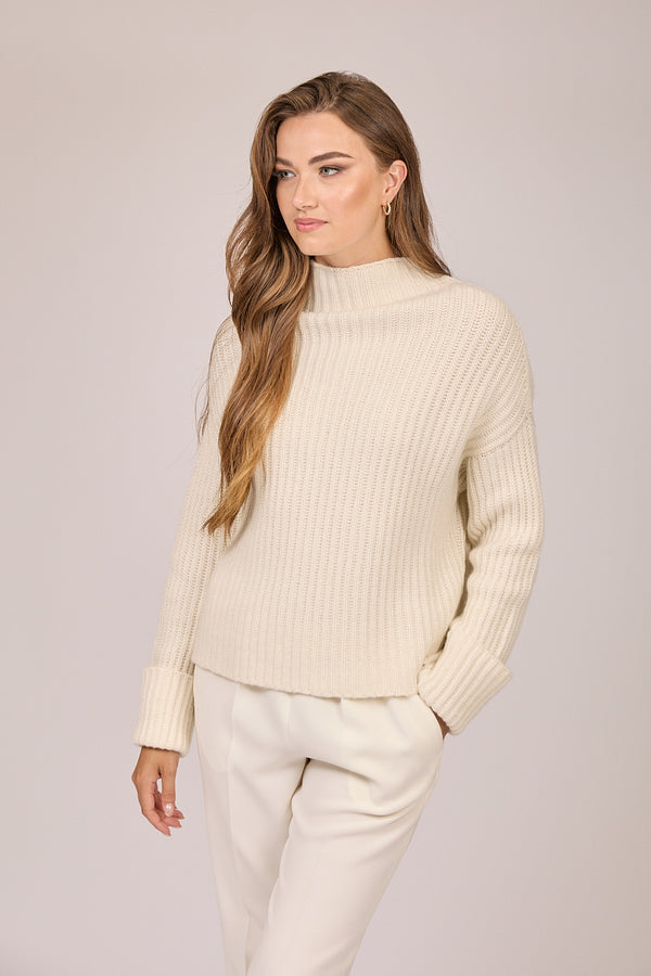 RIBBED HIGH NECK CASHMERE JUMPER-WHITE