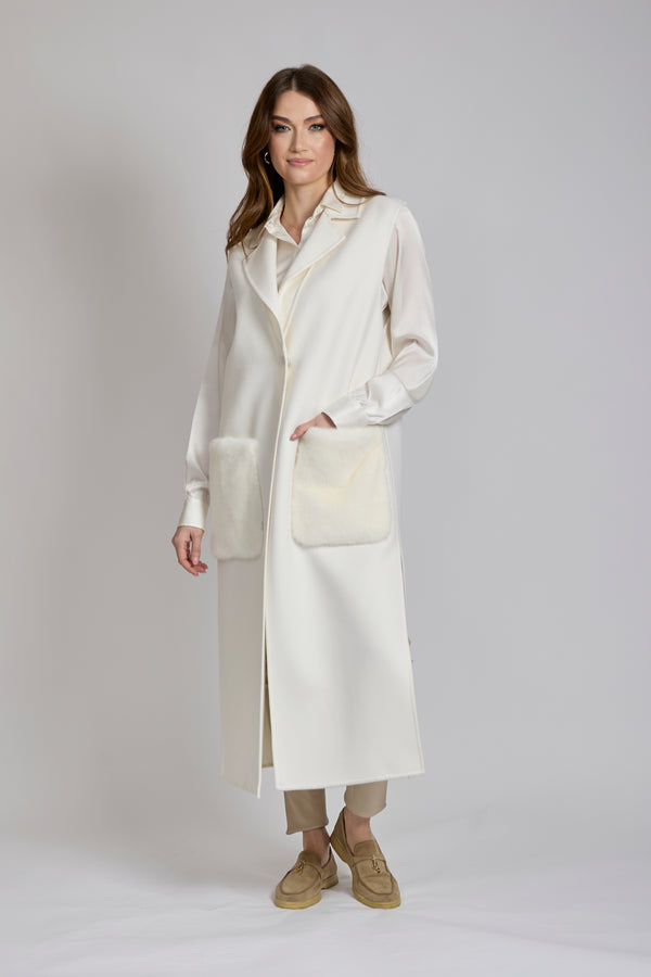 LONG CASHMERE VEST WITH MINK PACKET-MILK