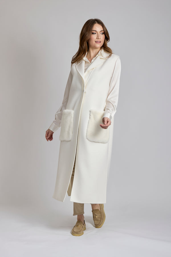 LONG CASHMERE VEST WITH MINK PACKET-MILK