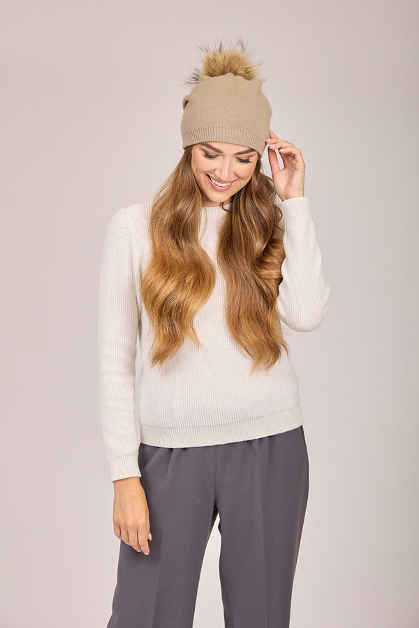 BEANIE POM HAT - LIGHT BEIGE