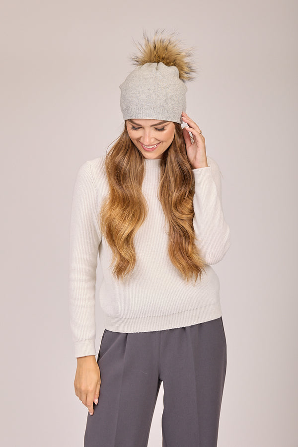 BEANIE POM HAT - LIGHT GREY