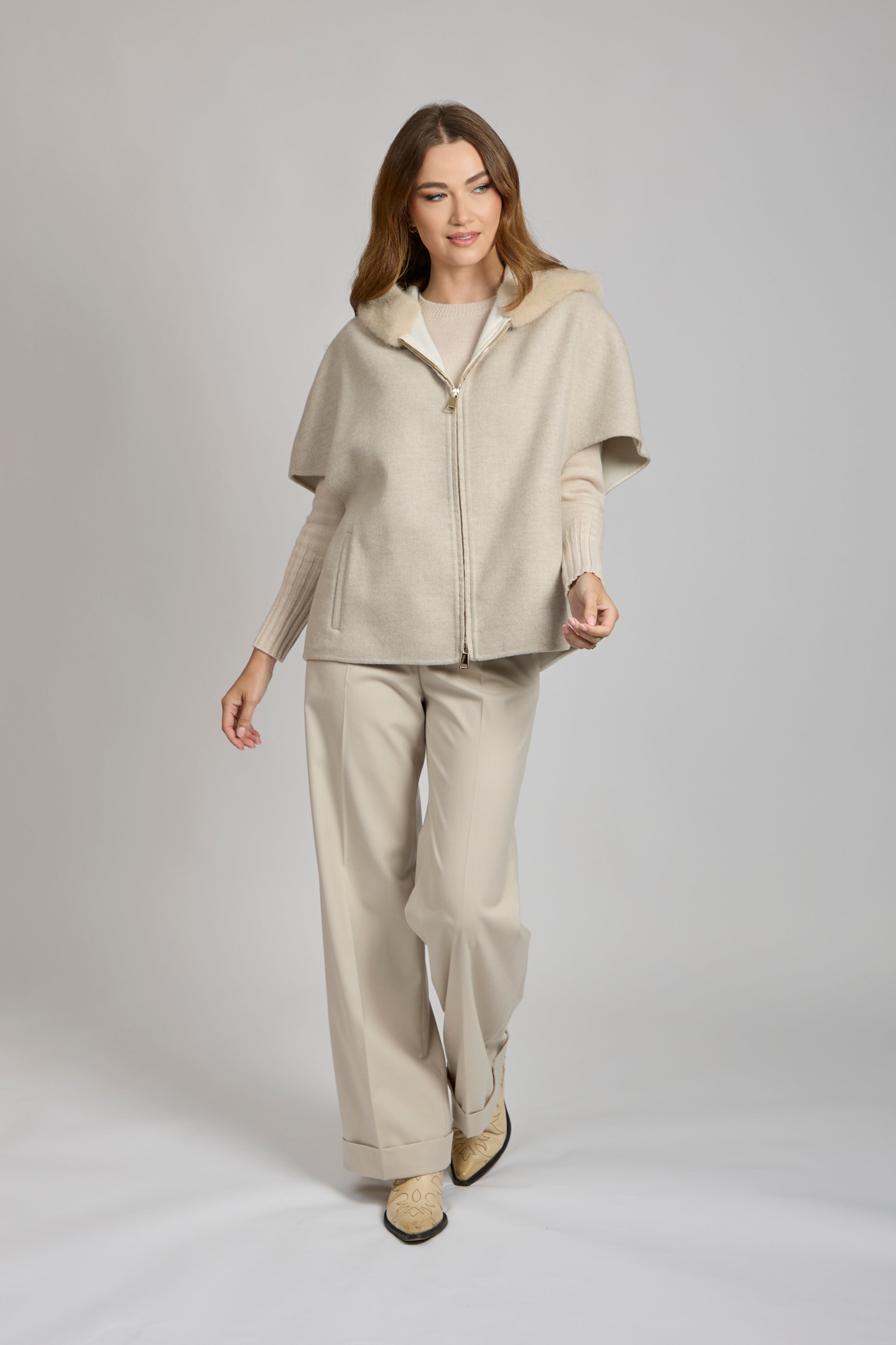 MINK CAPE WITH HOOD-BEIGE