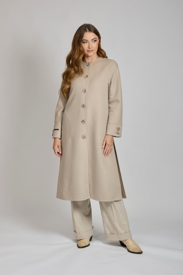 LONG COAT WITH LEATHER DETAILS-BEIGE