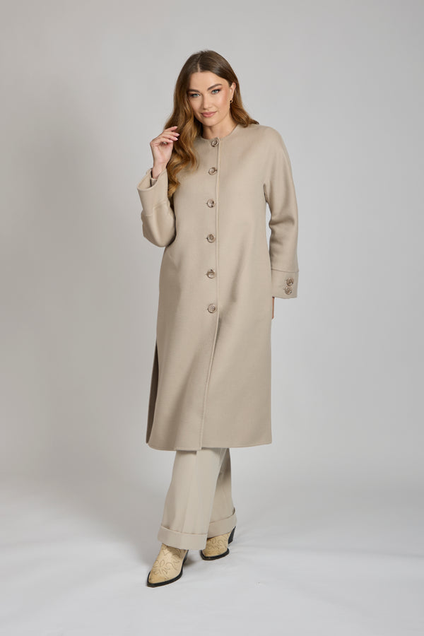 LONG COAT WITH LEATHER DETAILS-BEIGE