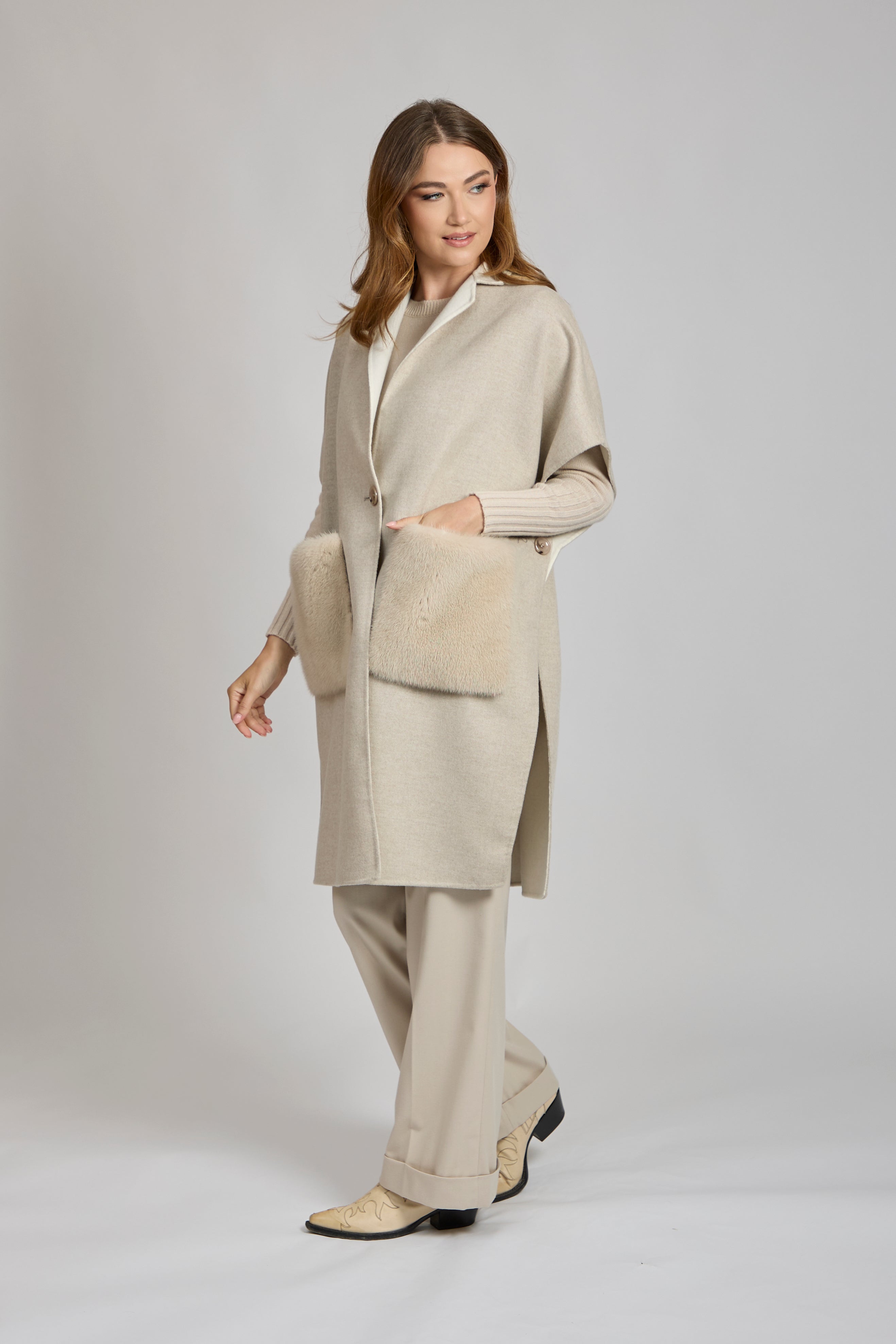 CAPE WITH MINK POCKET-ANGORA