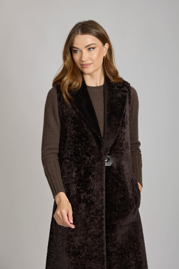 LONG CURLY SHEARLING VEST- CARRUBA