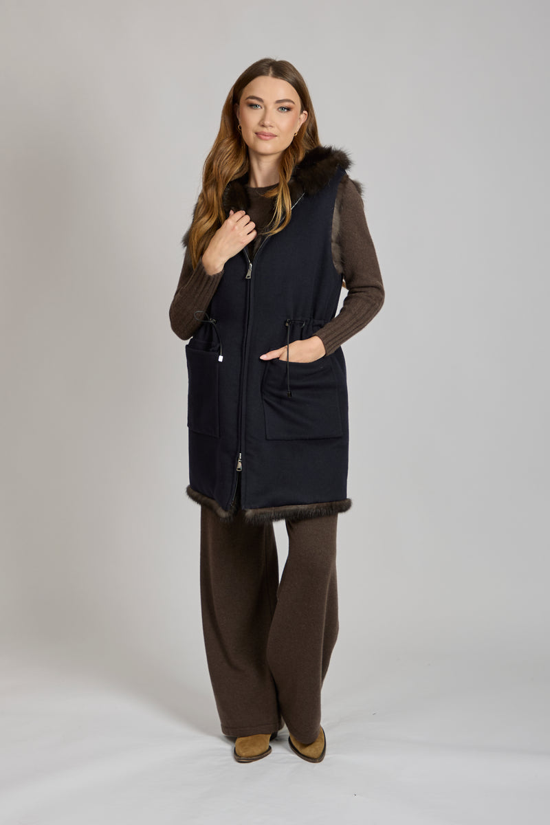 REVERSIBLE CASHMERE/SABLE VEST-BLUE