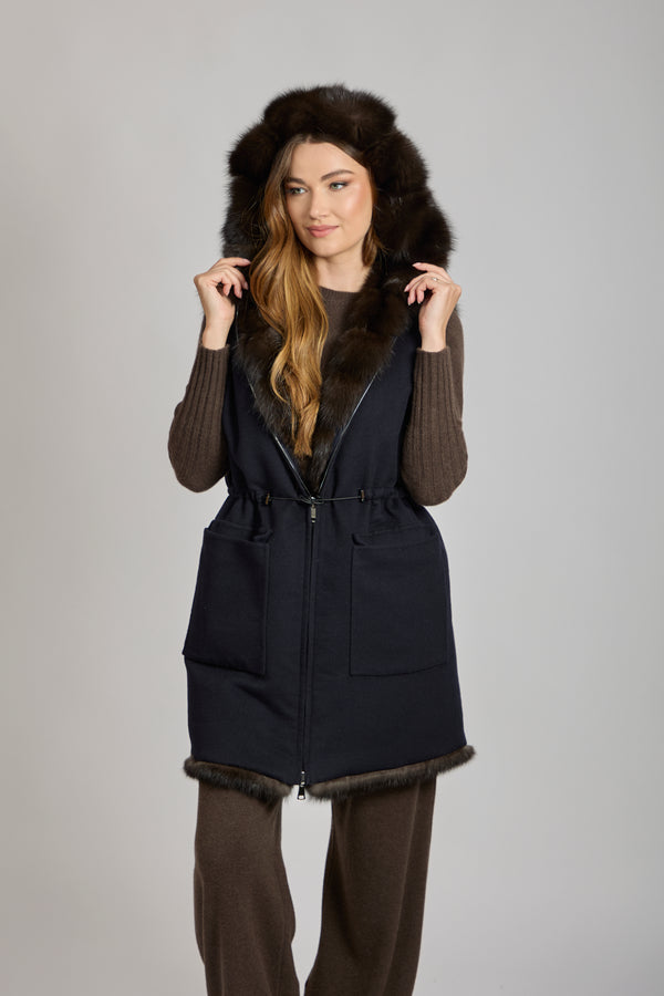 REVERSIBLE CASHMERE/SABLE VEST-BLUE