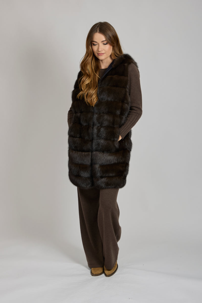 REVERSIBLE CASHMERE/SABLE VEST-BLUE