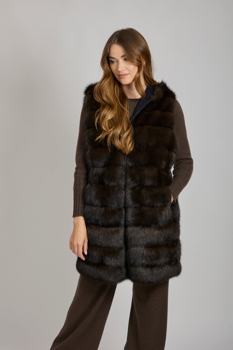 REVERSIBLE CASHMERE/SABLE VEST-BLUE