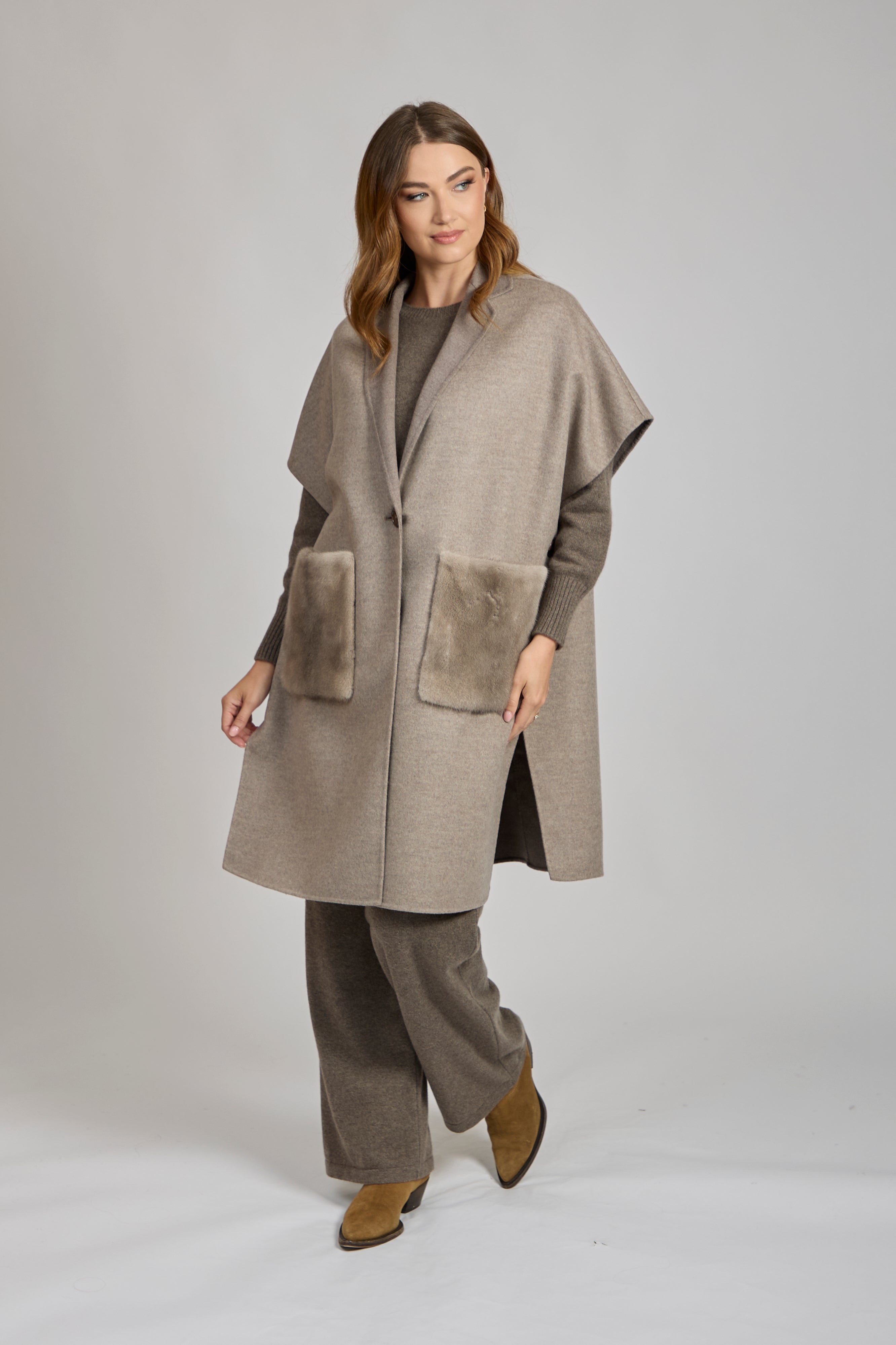 CAPE WITH MINK POCKET-TAUPE