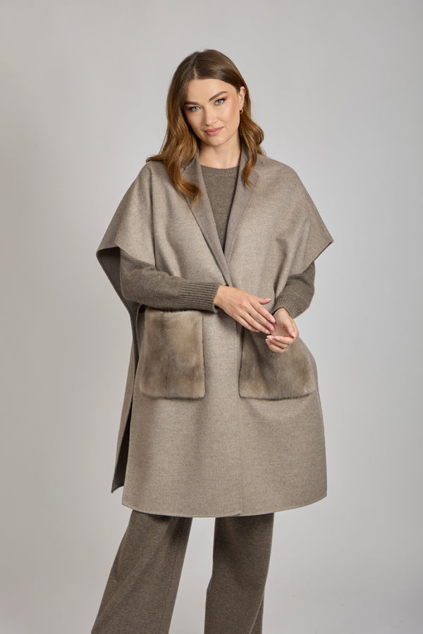 CAPE WITH MINK POCKET-TAUPE