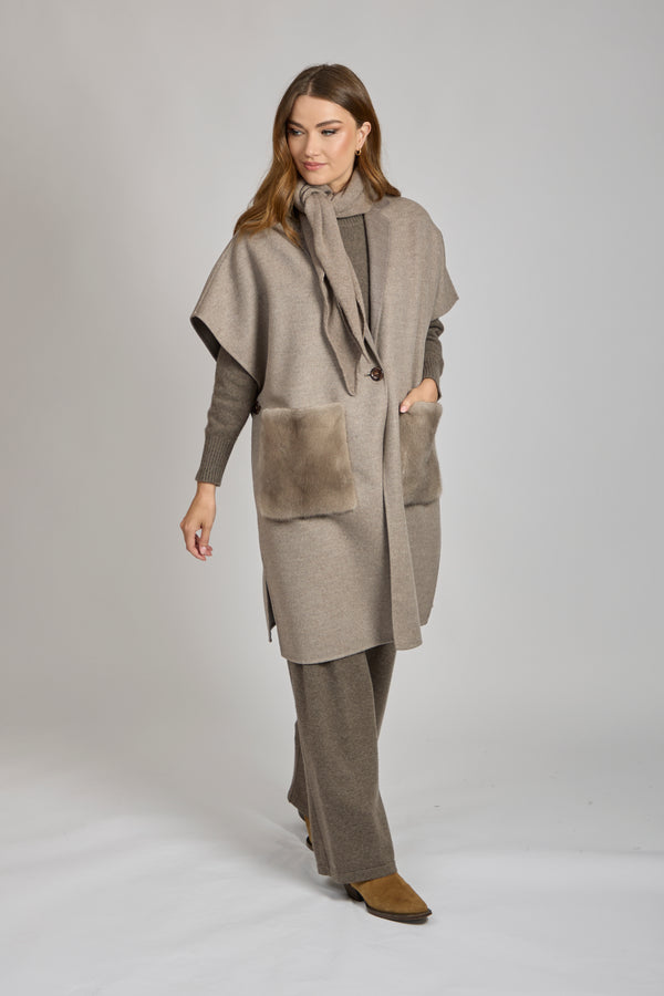 CAPE WITH MINK POCKET-TAUPE