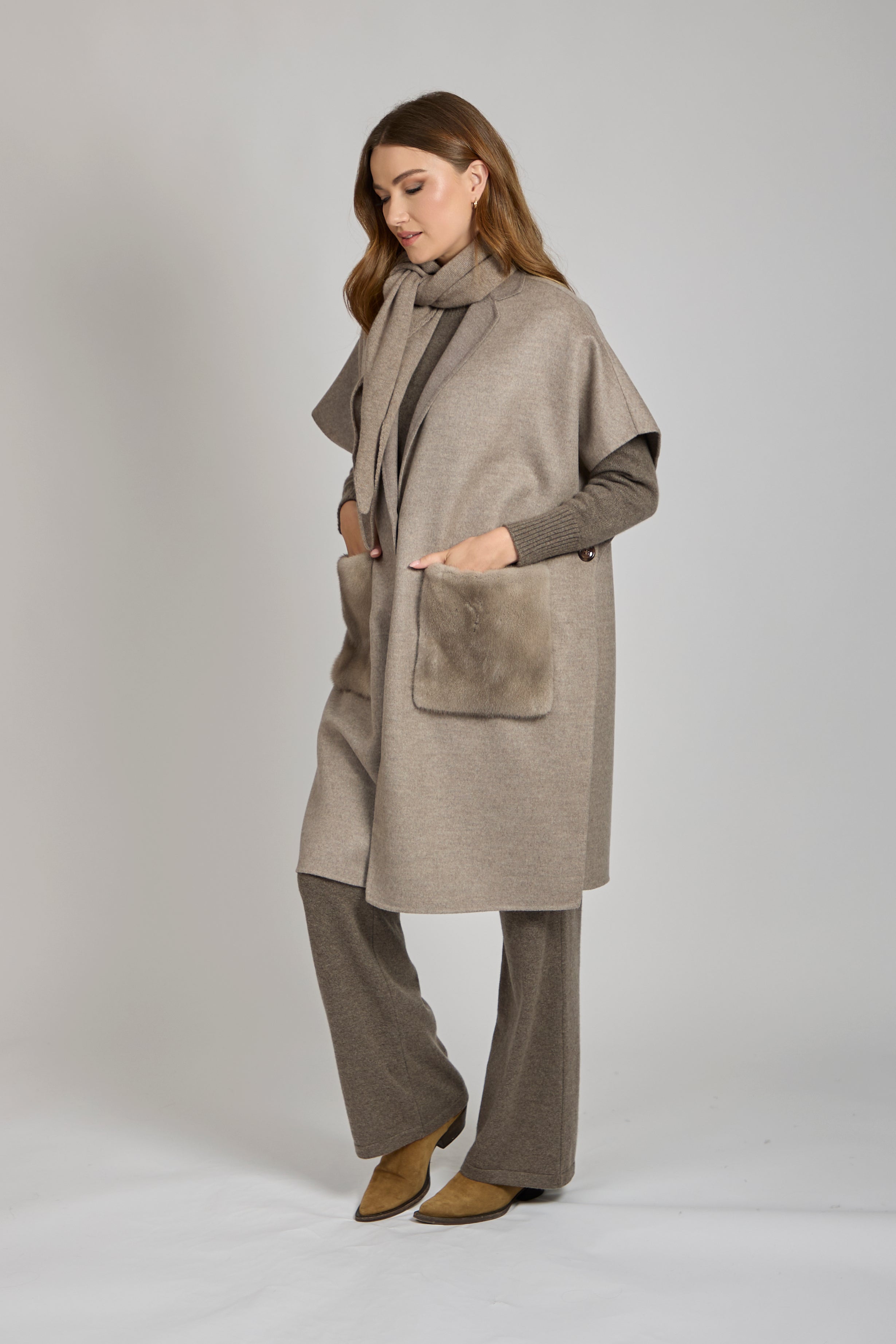 CAPE WITH MINK POCKET-TAUPE