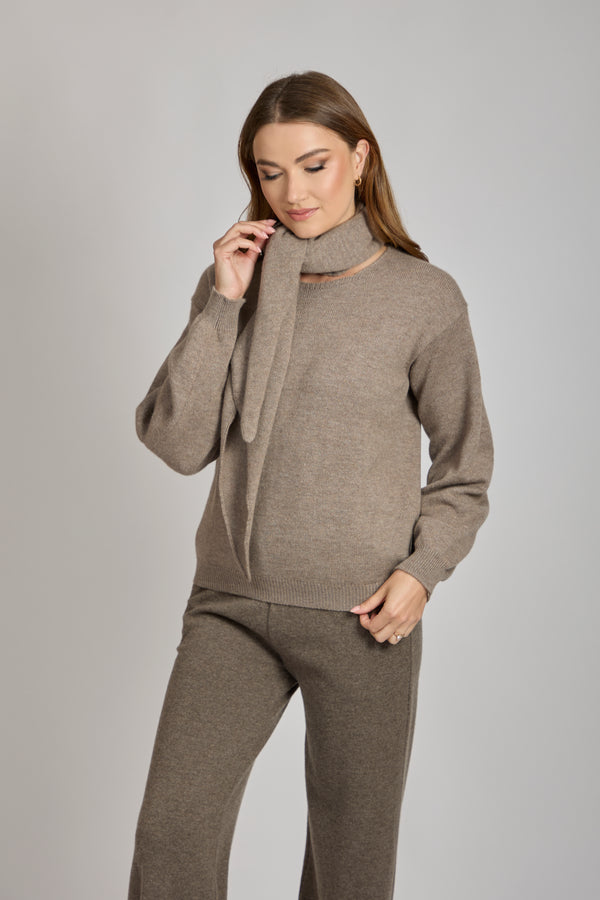 CASHMERE JUMPER WITH SCARF-TAUPE