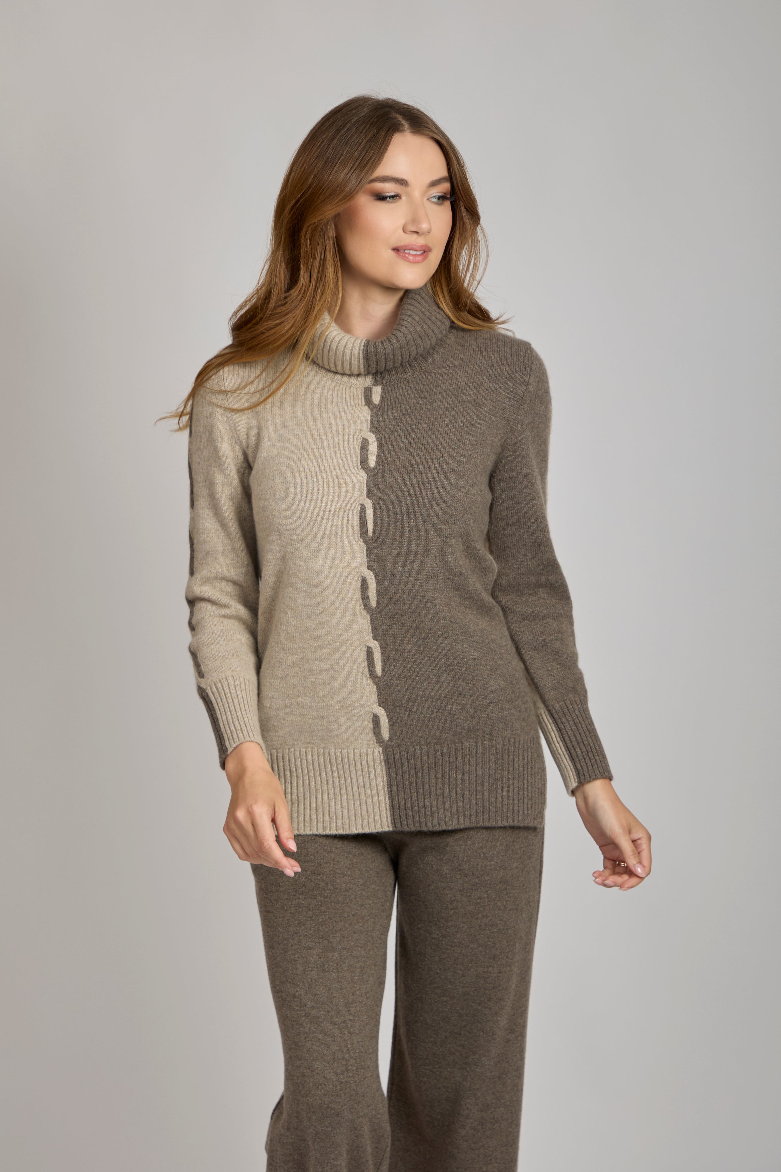 Pull col montant en cachemire bicolore