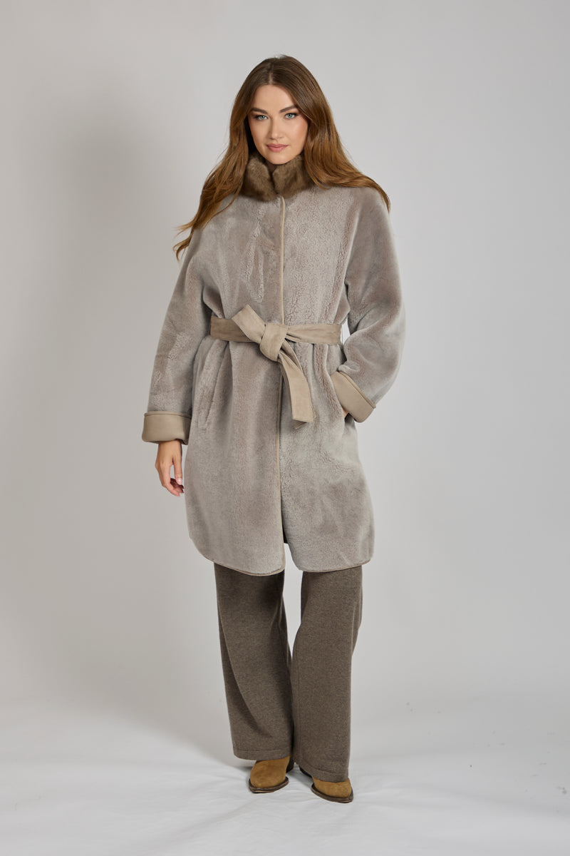 REVERSIBLE SUEDE SHEARLING COAT WITH SABLE-TAUPE