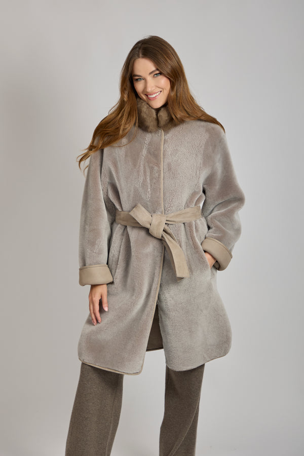 REVERSIBLE SUEDE SHEARLING COAT WITH SABLE-TAUPE