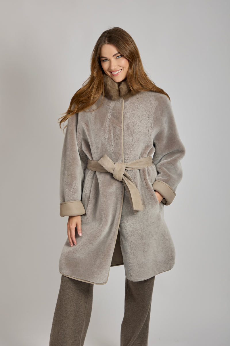 REVERSIBLE SUEDE SHEARLING COAT WITH SABLE-TAUPE