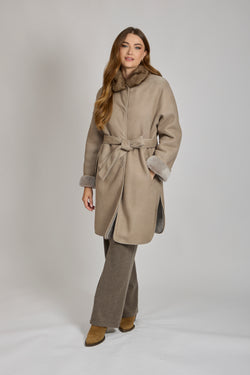 REVERSIBLE SUEDE SHEARLING COAT WITH SABLE-TAUPE