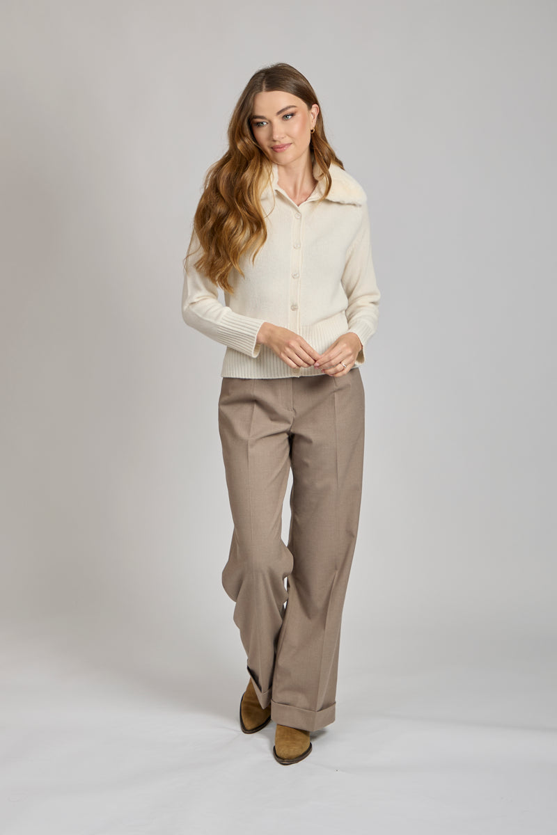 CASHMERE CARDIGAN WITH REX COLLAR- WHITE