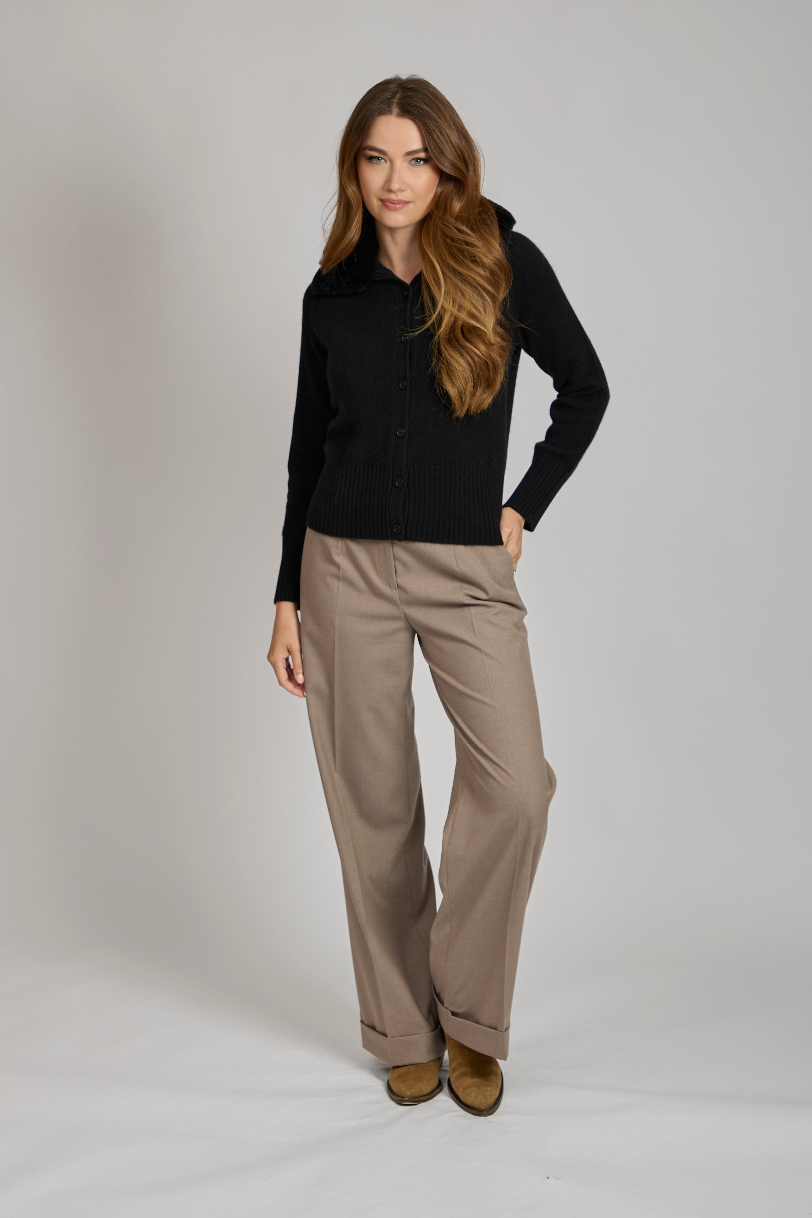 CASHMERE CARDIGAN WITH REX COLLAR-BLACK