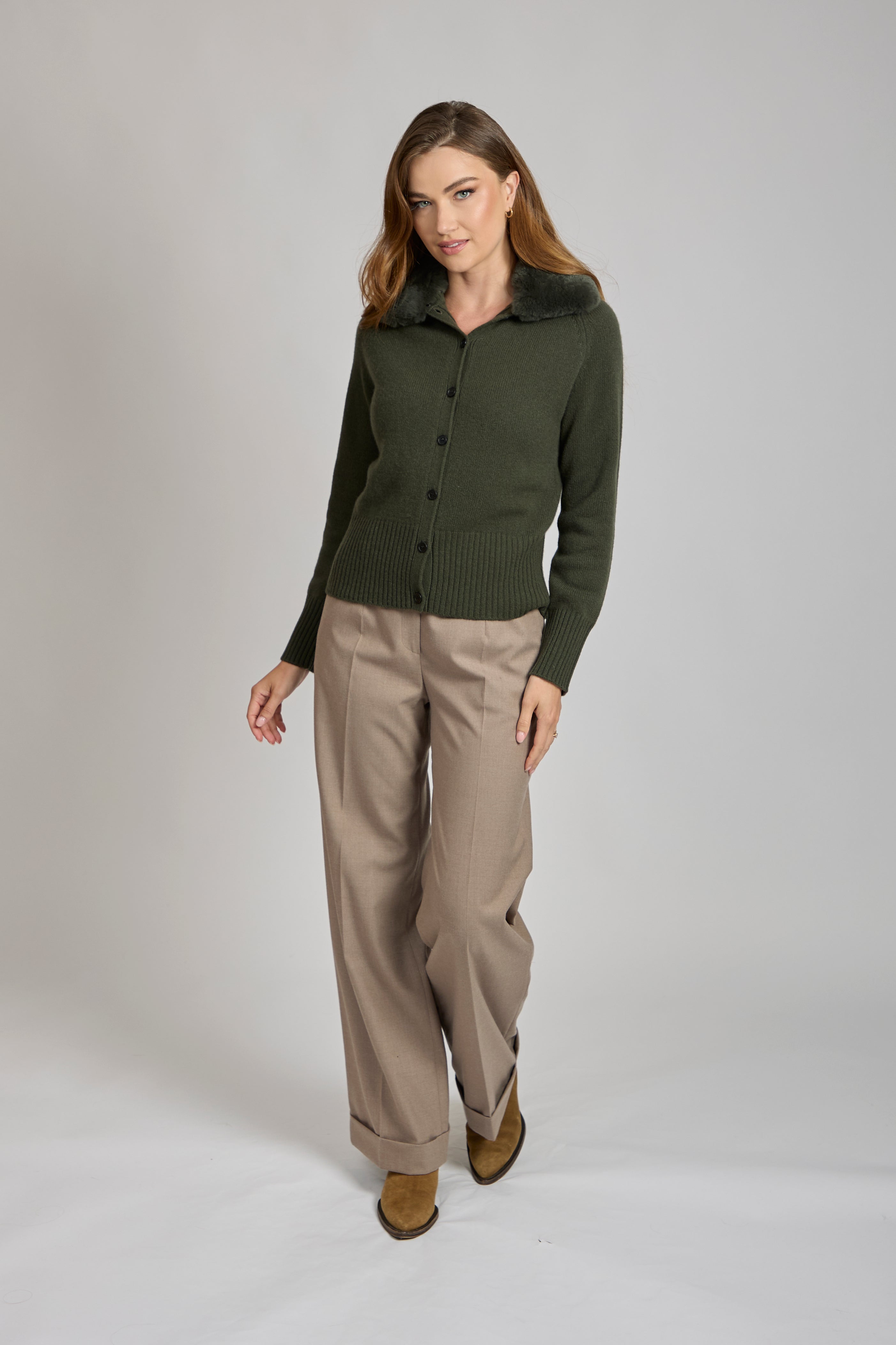 CASHMERE CARDIGAN WITH REX COLLAR-OLIVE