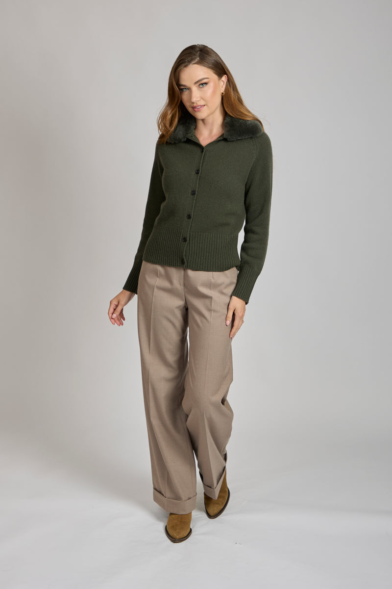CASHMERE CARDIGAN WITH REX COLLAR-OLIVE