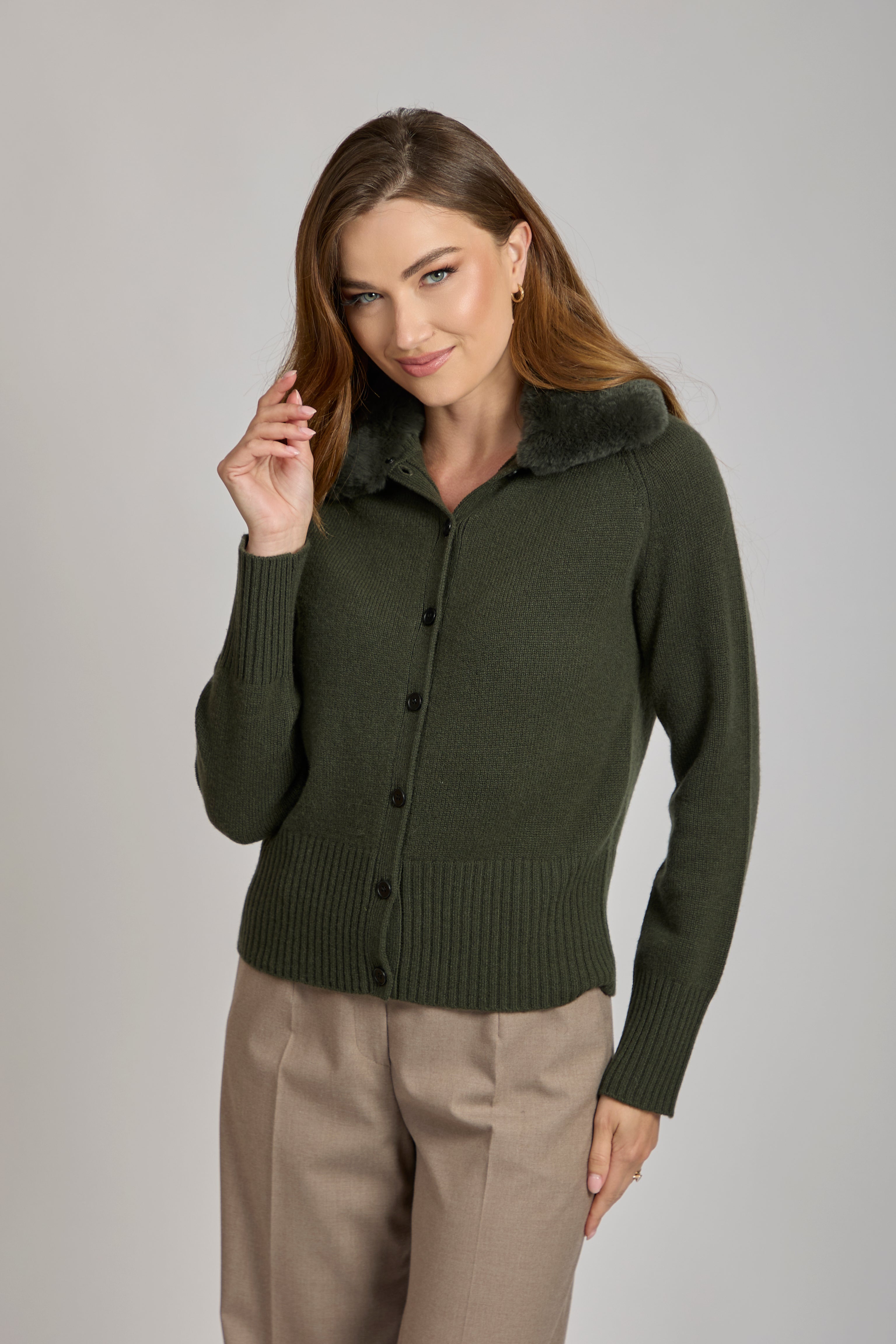 CASHMERE CARDIGAN WITH REX COLLAR-OLIVE