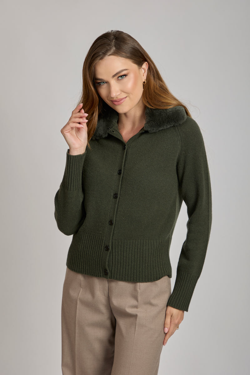CASHMERE CARDIGAN WITH REX COLLAR-OLIVE