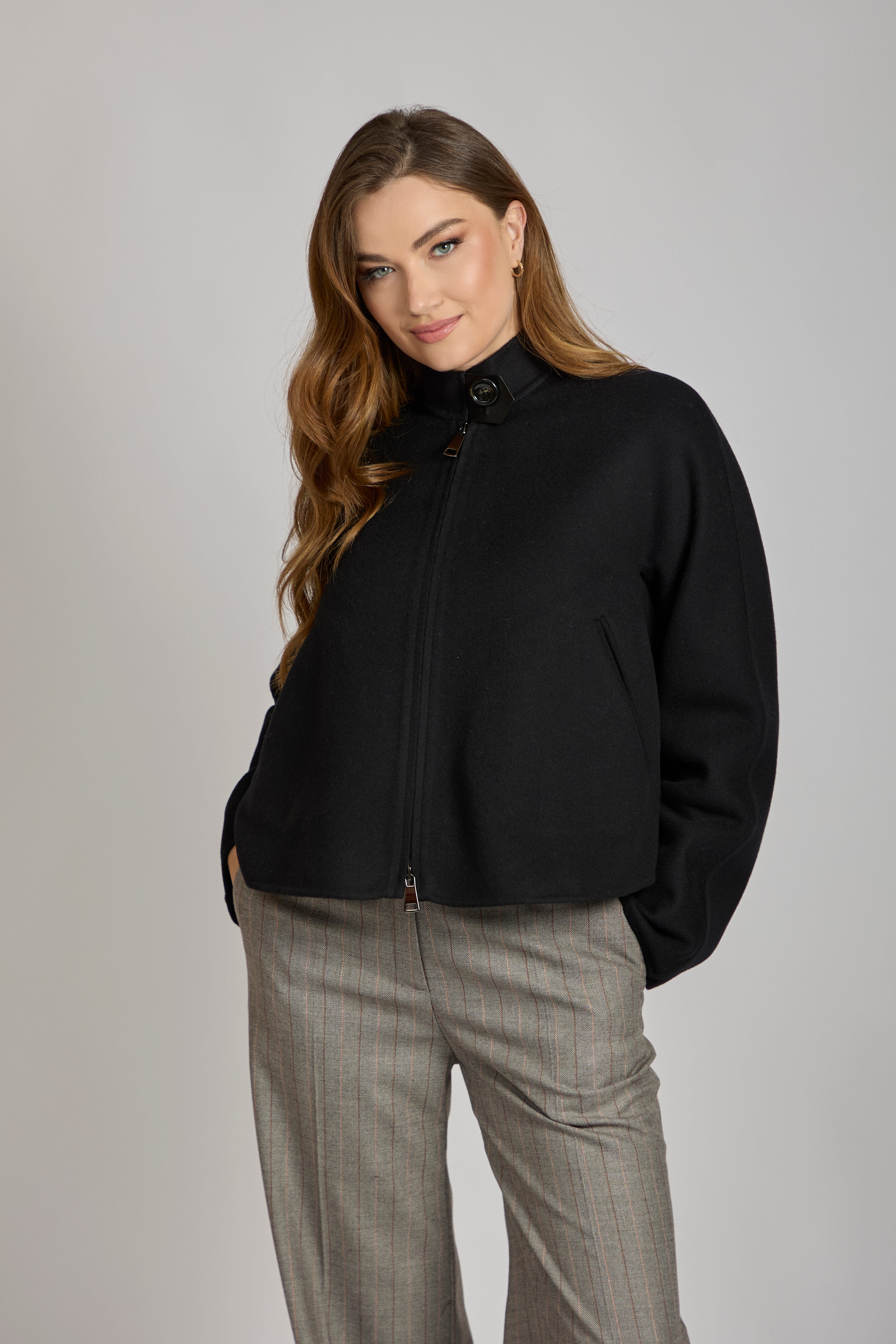 SHORT JACKET WITH LEATHER DETAILS-BLACK