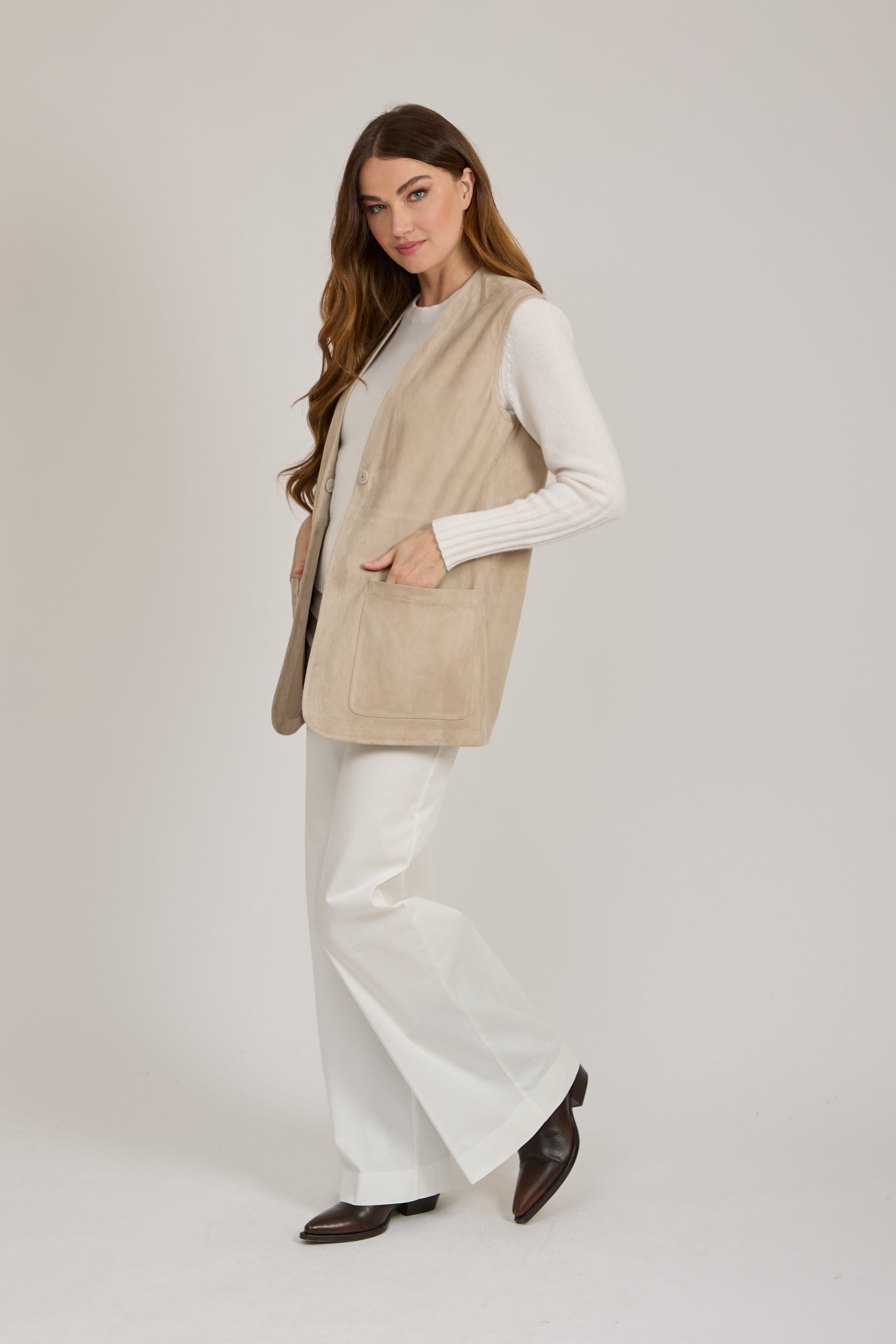SUEDE VEST WITH BELT-BEIGE