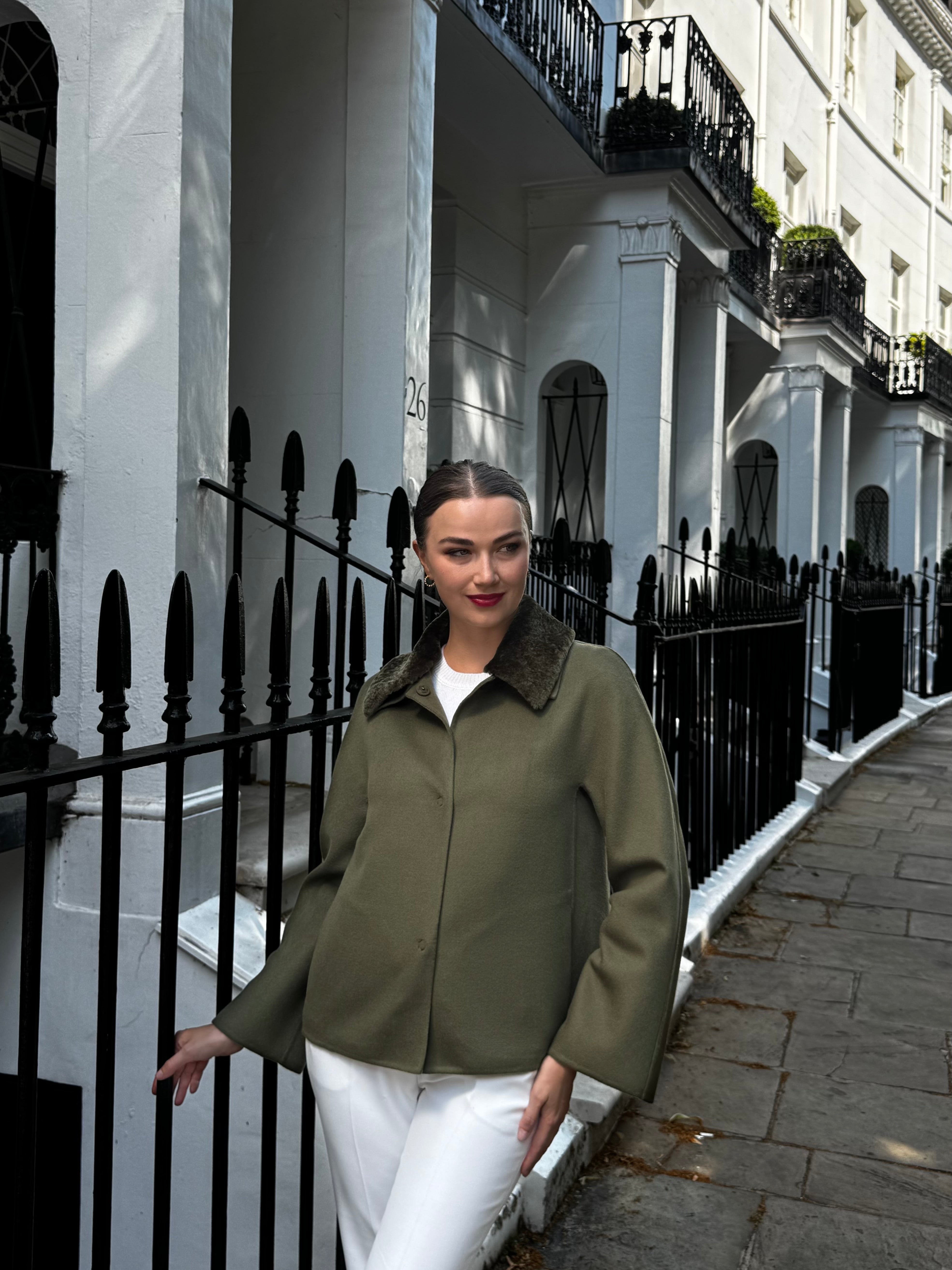 SHORT JACKET WITH SHEARLING COLLAR-KAKI