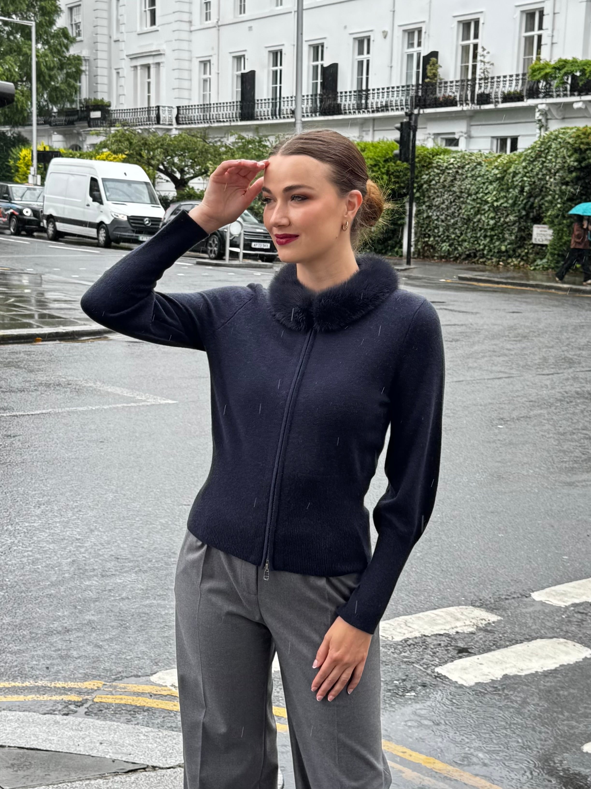 CASHMERE CARDIGAN WITH MINK COLLAR-NAVY