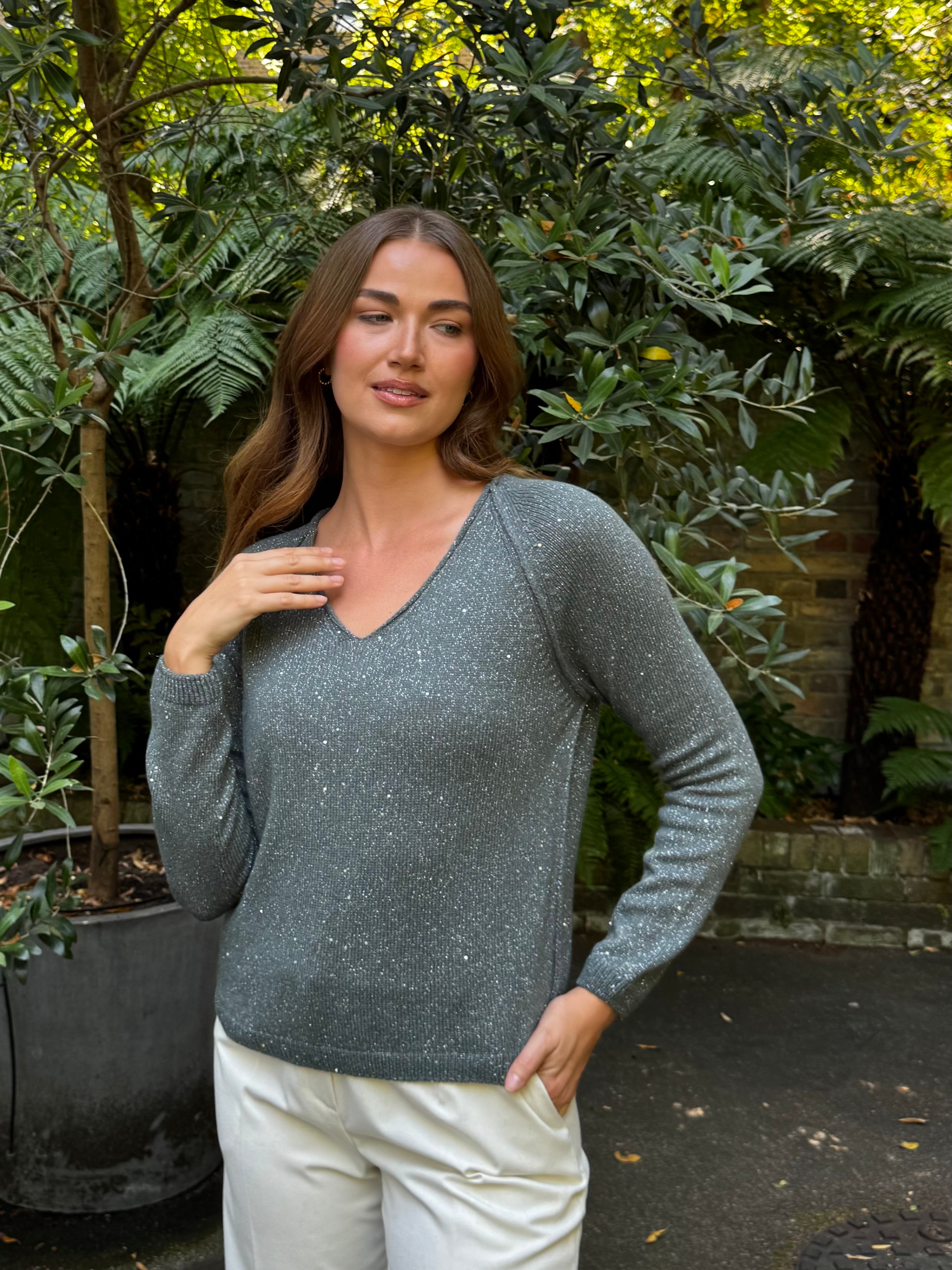 V NECK JUMPER WITH LUREX-KAKI