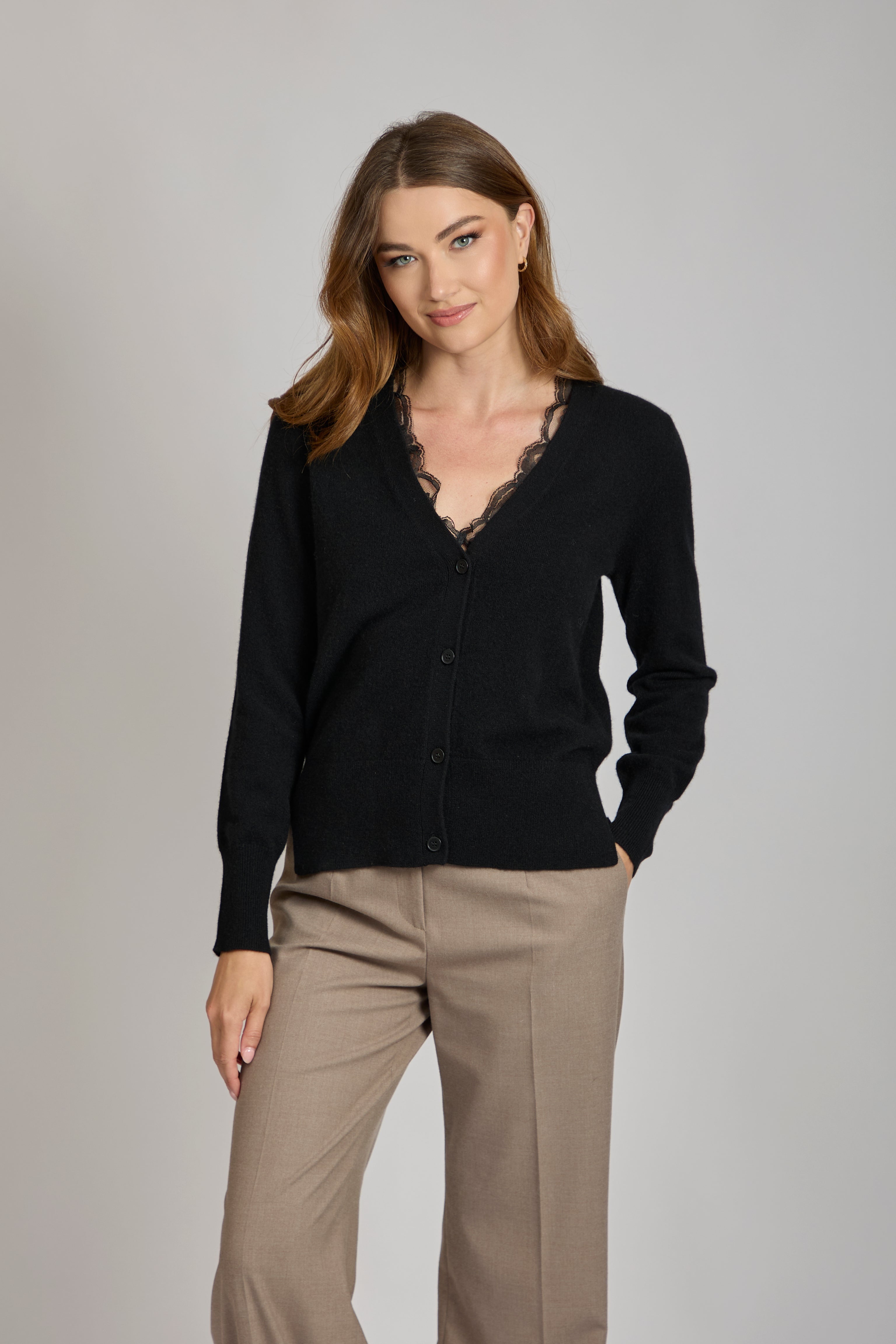 Divine Cashmere black cashmere cardigan, long-sleeve knit with ribbed hem and cuffs