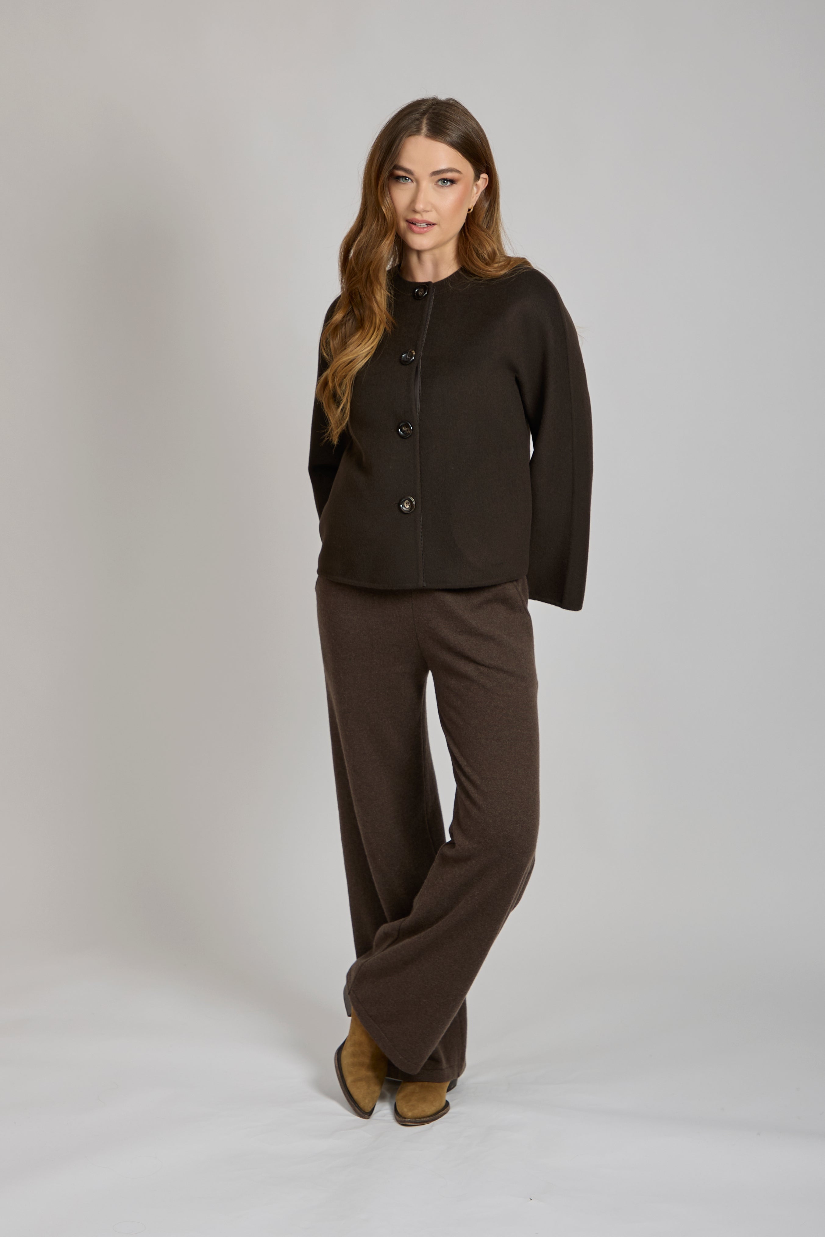 Caruba cashmere short jacket with leather trim by Divine Cashmere, tailored silhouette