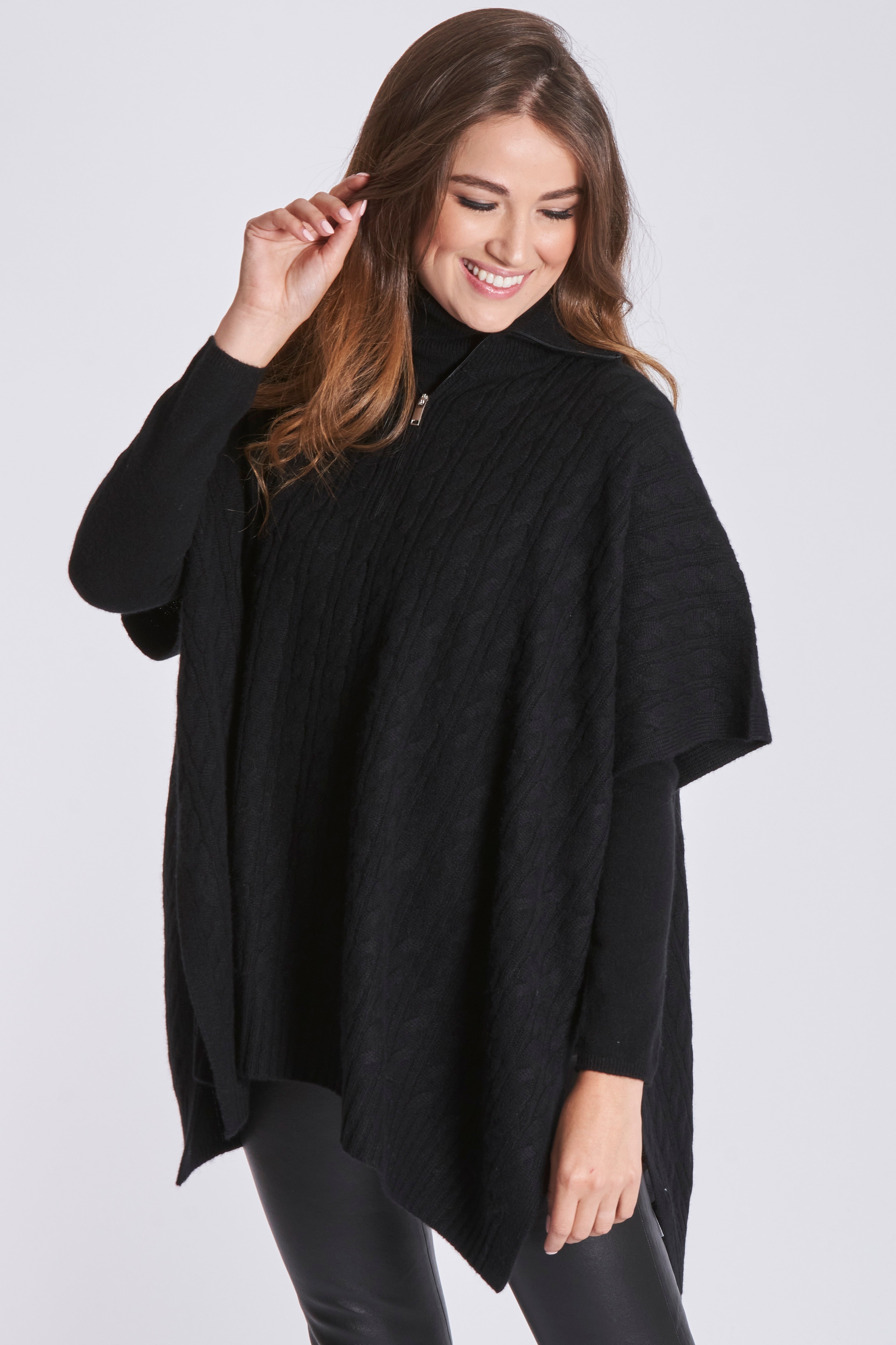 Cashmere cable-knit cape with textured stitch pattern and loose drape