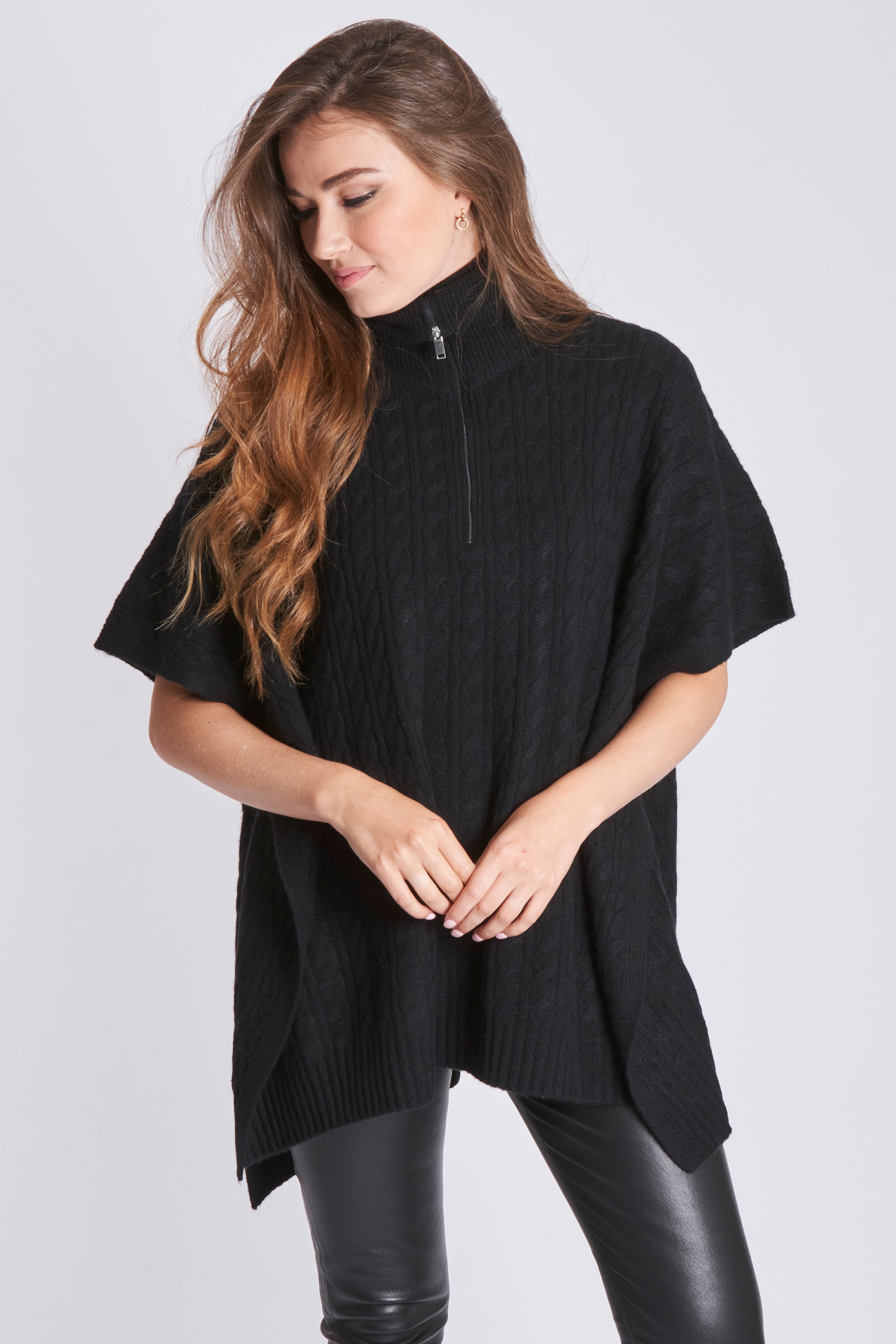 Divine Cashmere cable-knit cape with textured cable pattern, open-front drape and wide collar