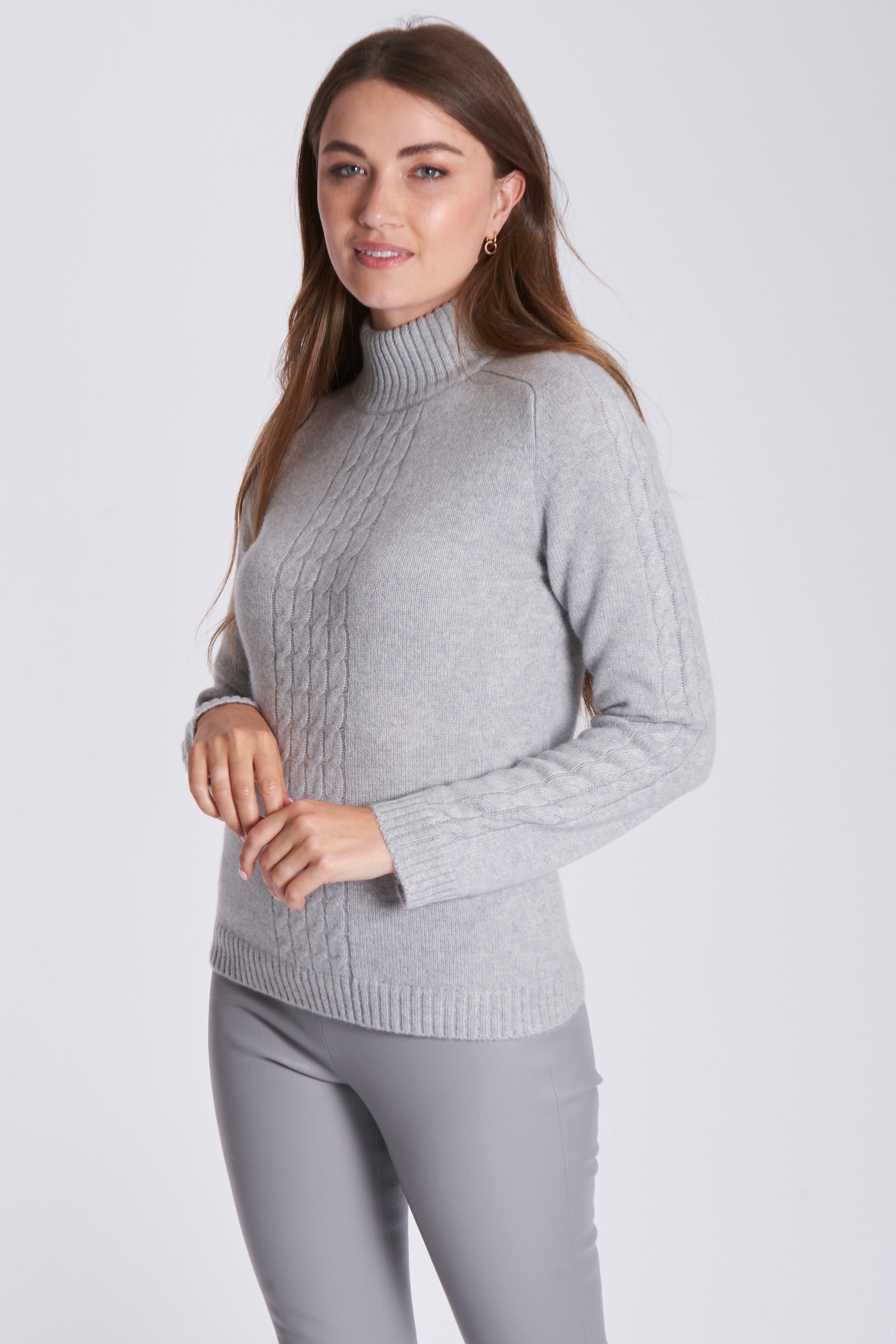 Cashmere cable-knit turtleneck sweater in fog with textured braided cables and ribbed hem and cuffs.