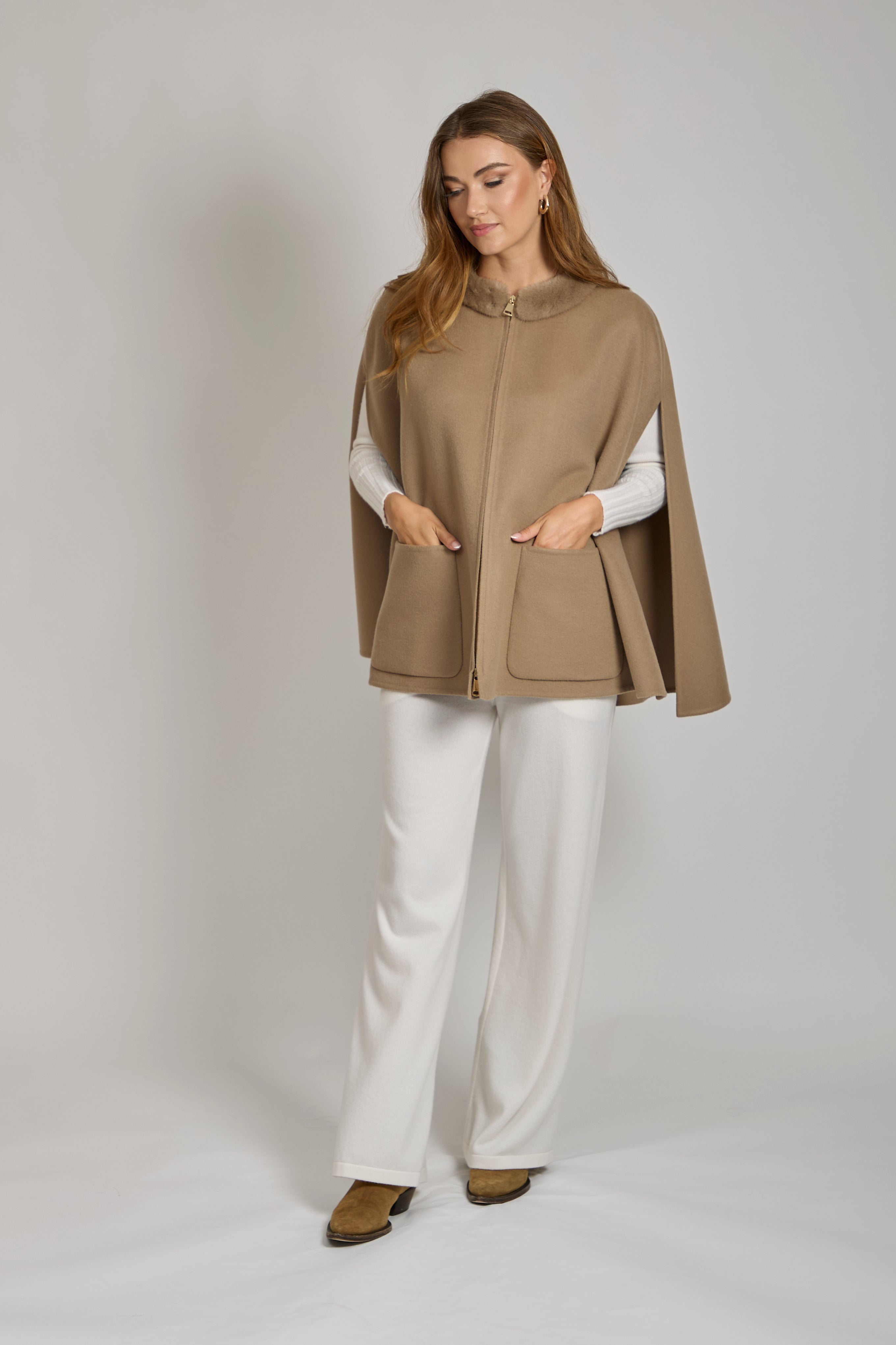 Cashmere cape with mink fur collar, draped silhouette