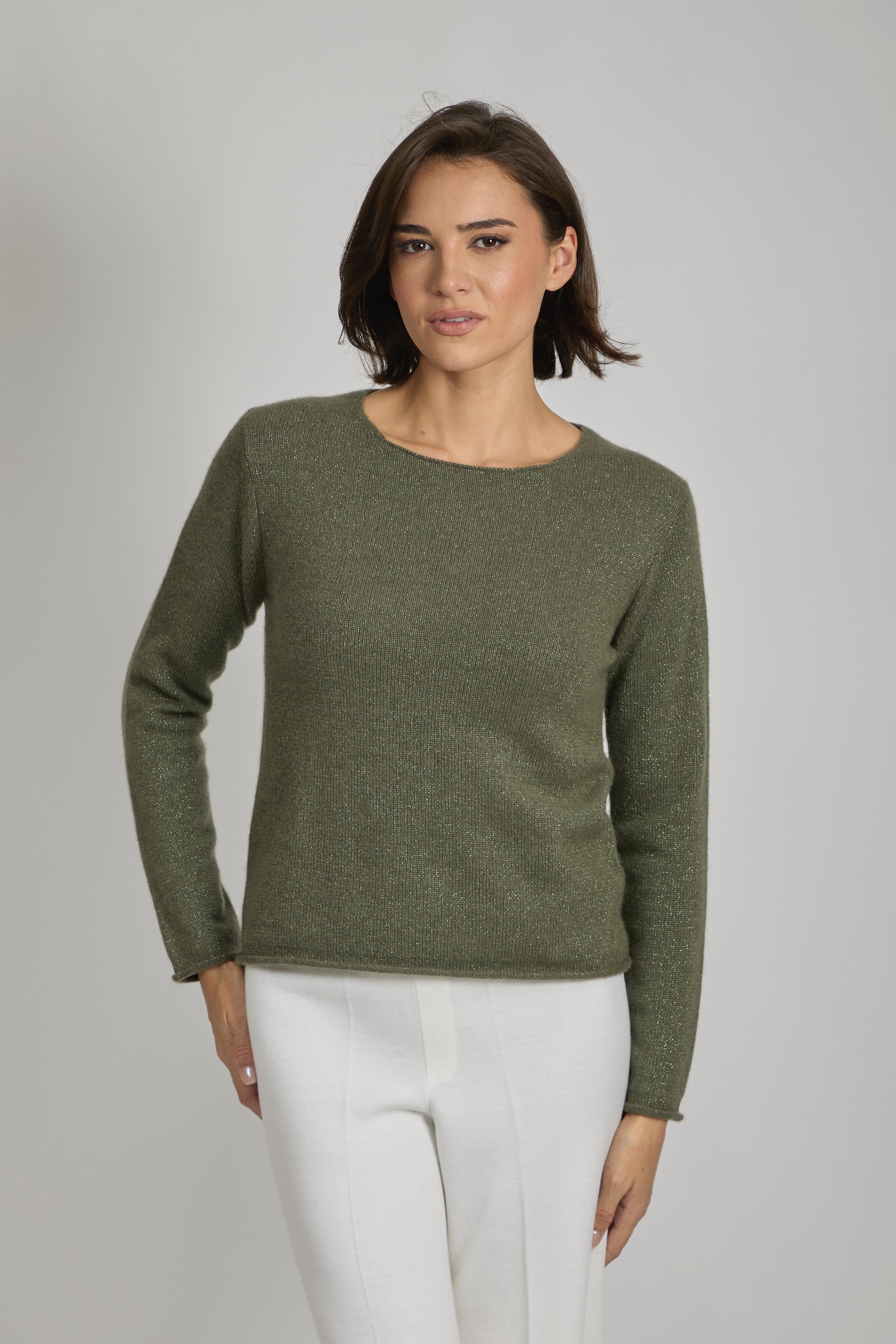 Cashmere crew neck jumper with lurex vegetal pattern, long sleeves and relaxed fit