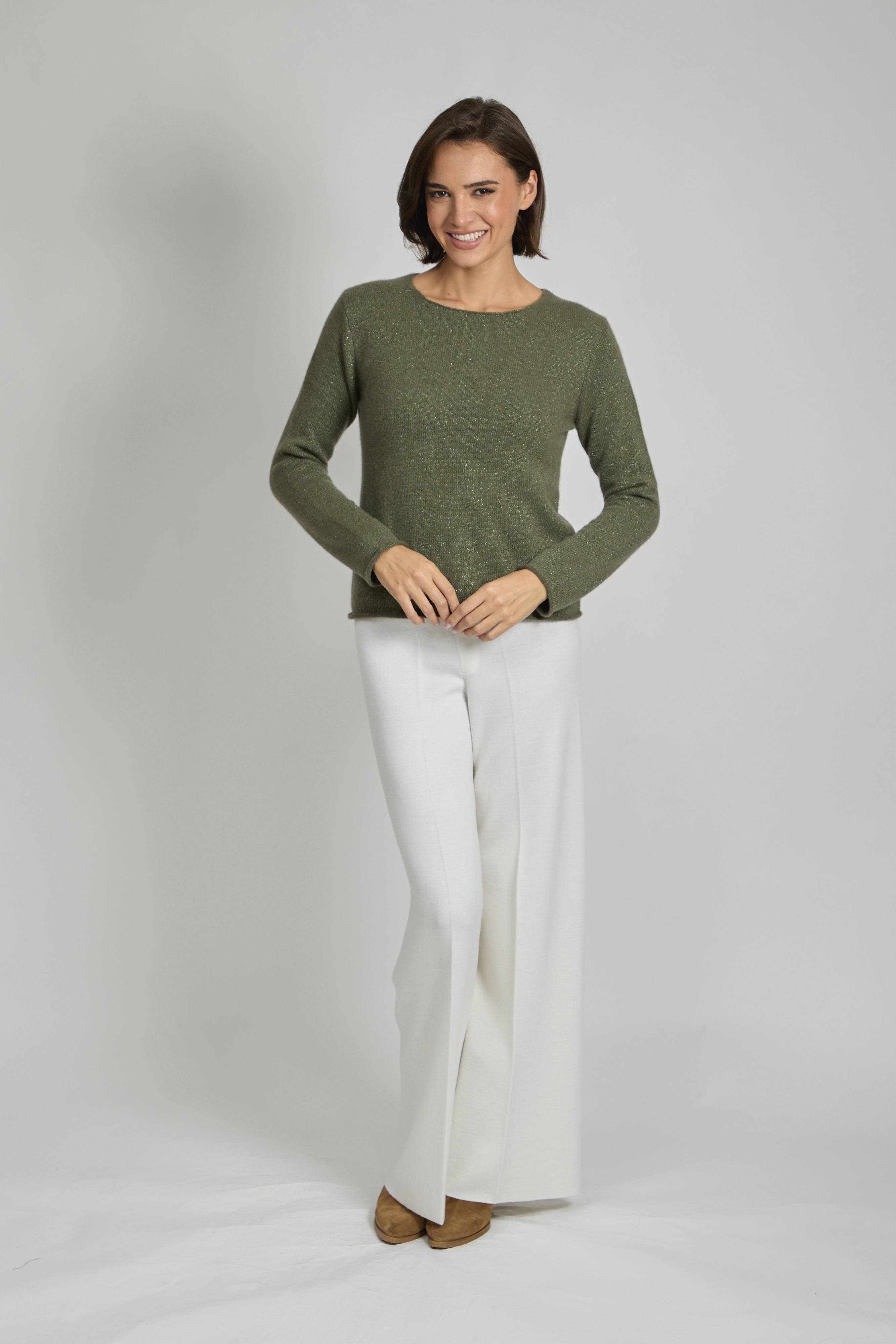 Cashmere crew neck jumper with lurex vegetal detailing, soft fine-knit sweater by Divine Cashmere