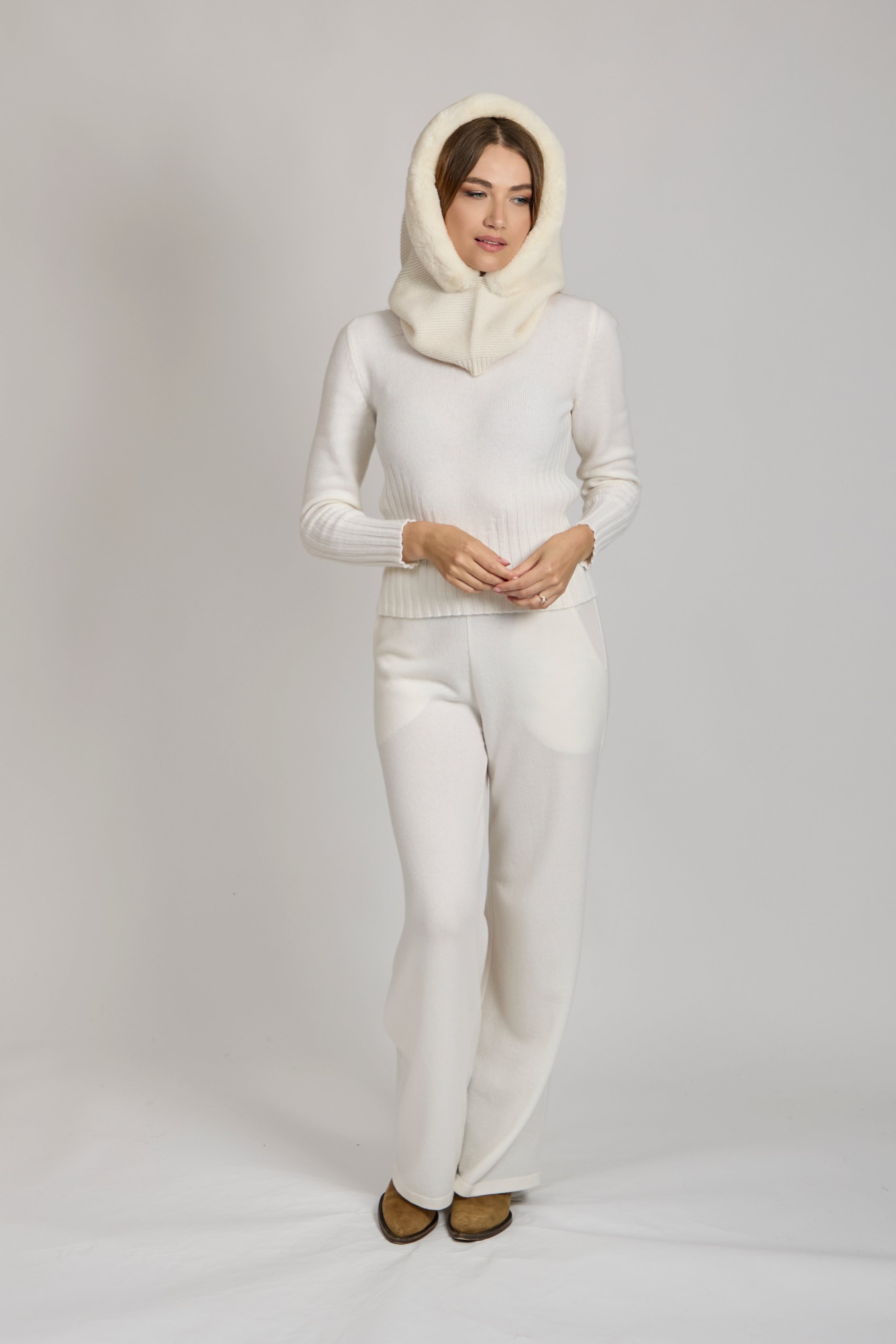 Cashmere hooded scarf with Rex fur trim, draped hood and long scarf panels