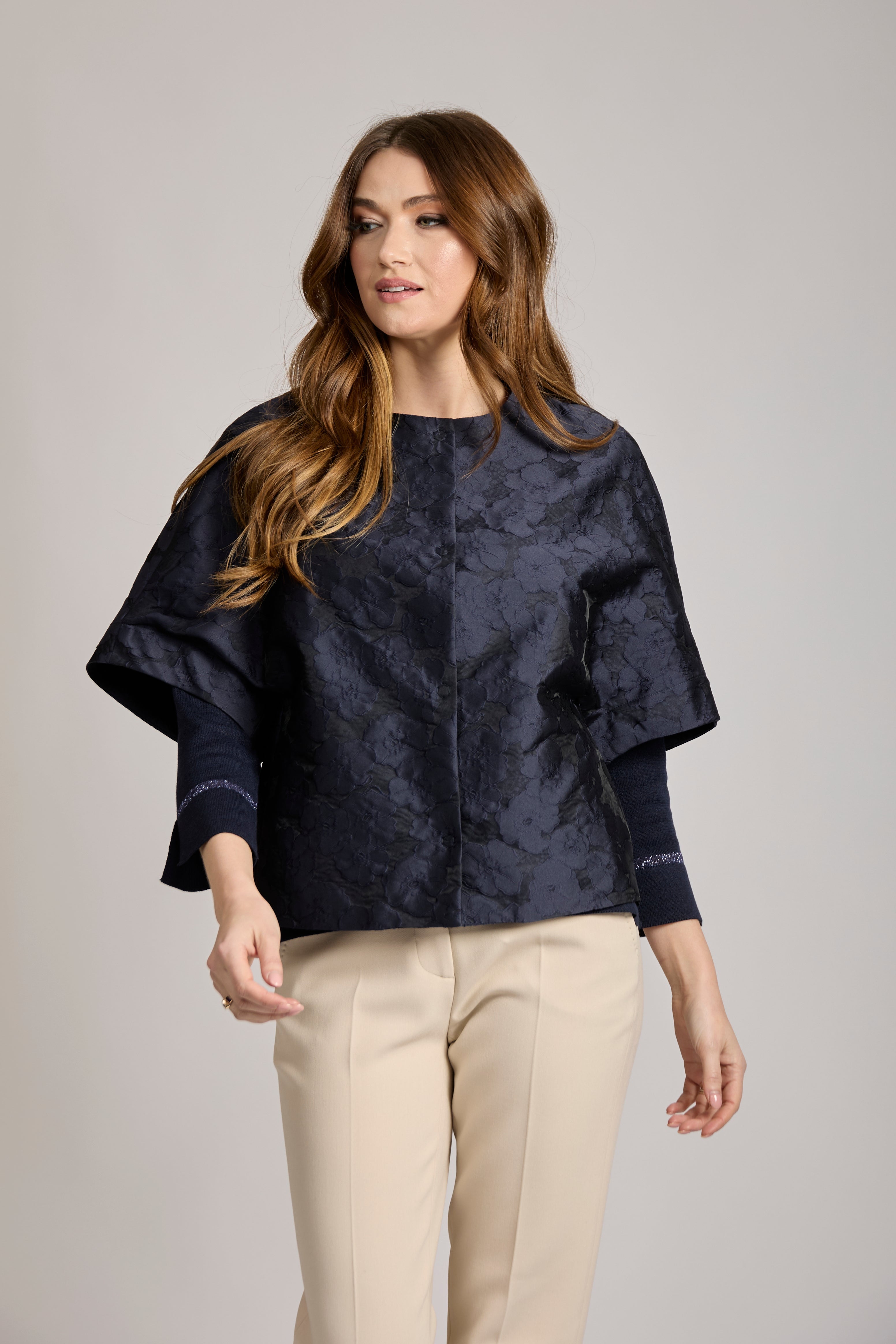 Cashmere jacquard short jacket in Blue with cropped boxy cut and textured woven pattern.