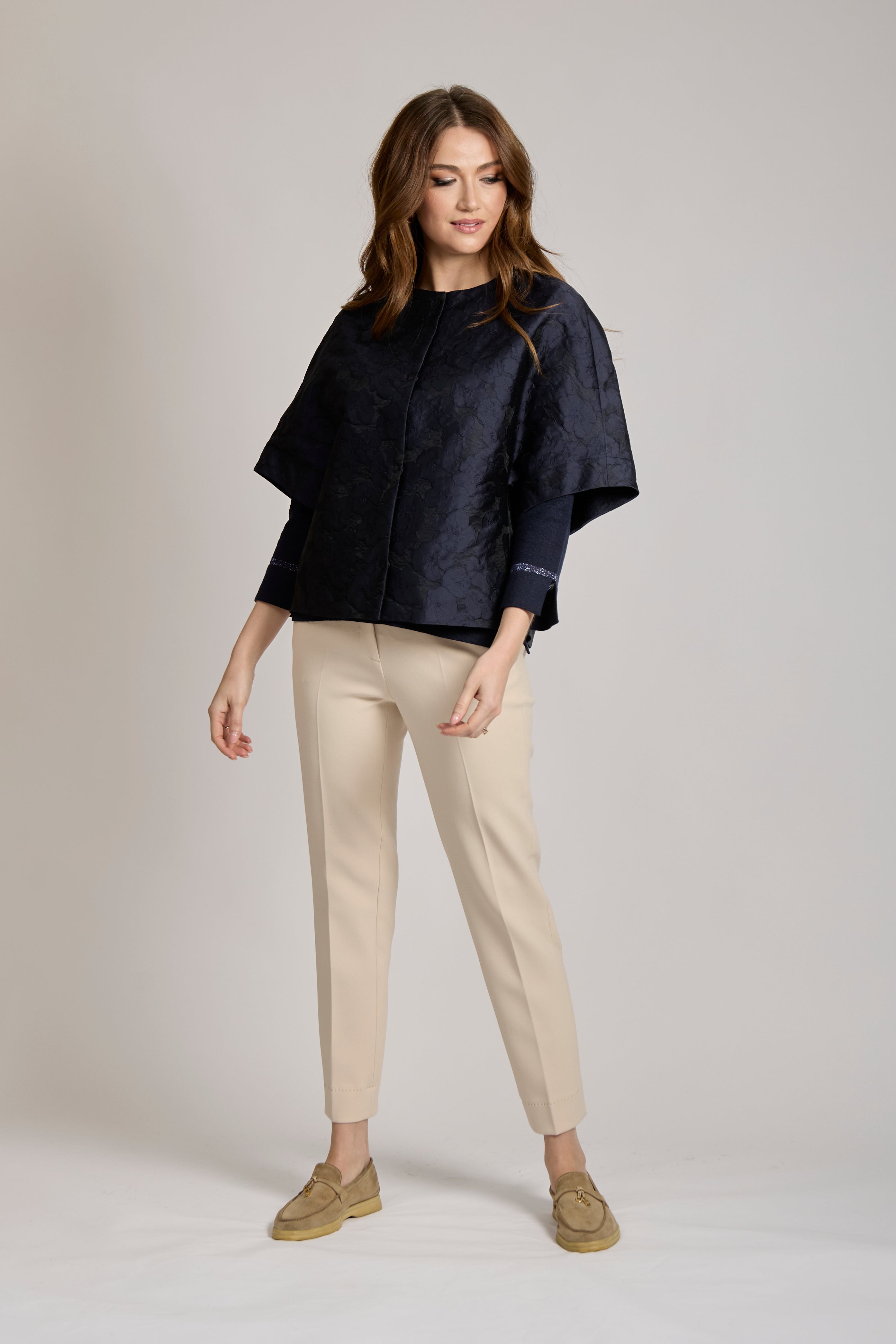 Divine Cashmere jacquard short jacket in cashmere with textured woven pattern and cropped silhouette