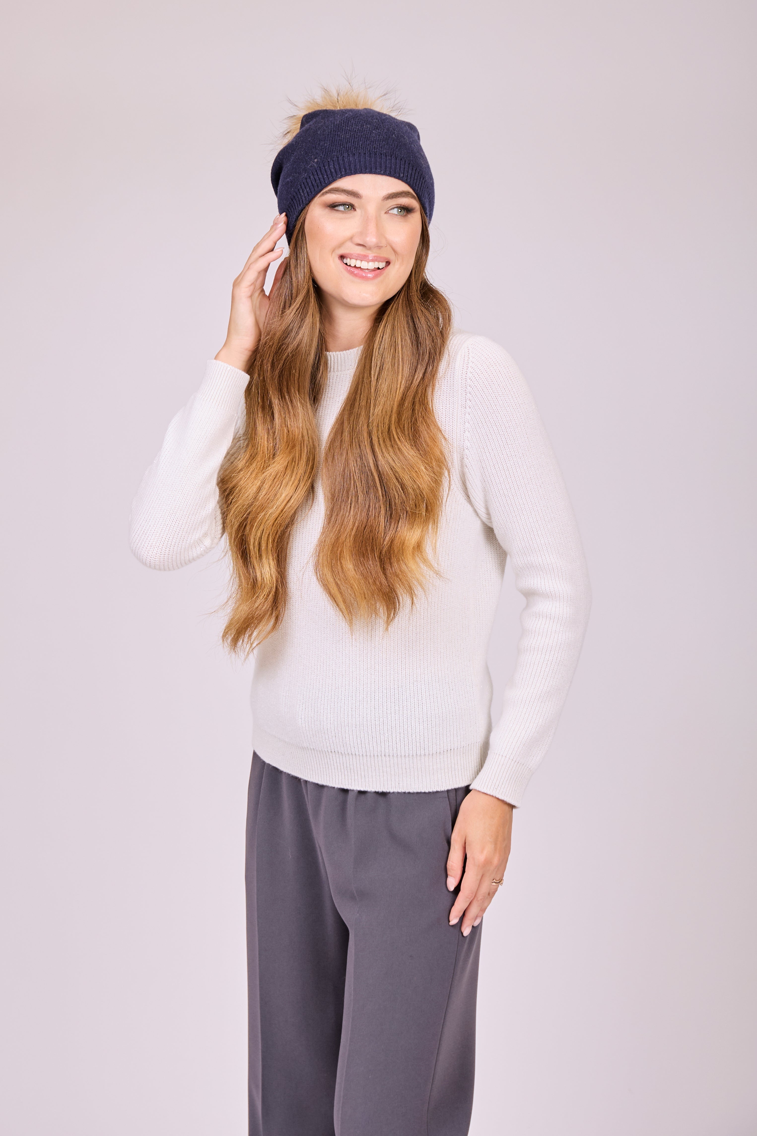Divine Cashmere cashmere pom-pom beanie with ribbed cuff and soft knit texture